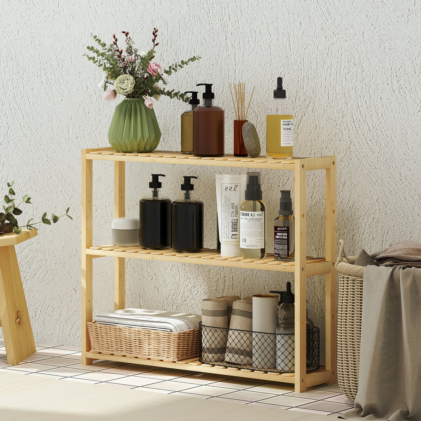 3-tier Bamboo Bathroom Storage Shelf With Adjustable Rack