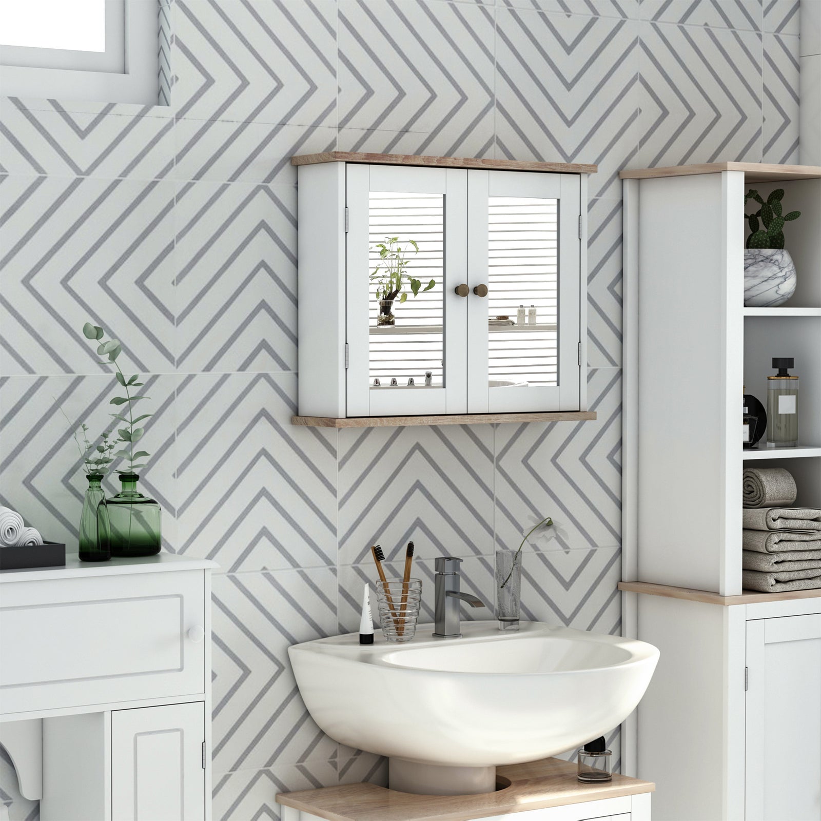 Bathroom Mirror Cabinet Wall Mounted W/ Double Door
