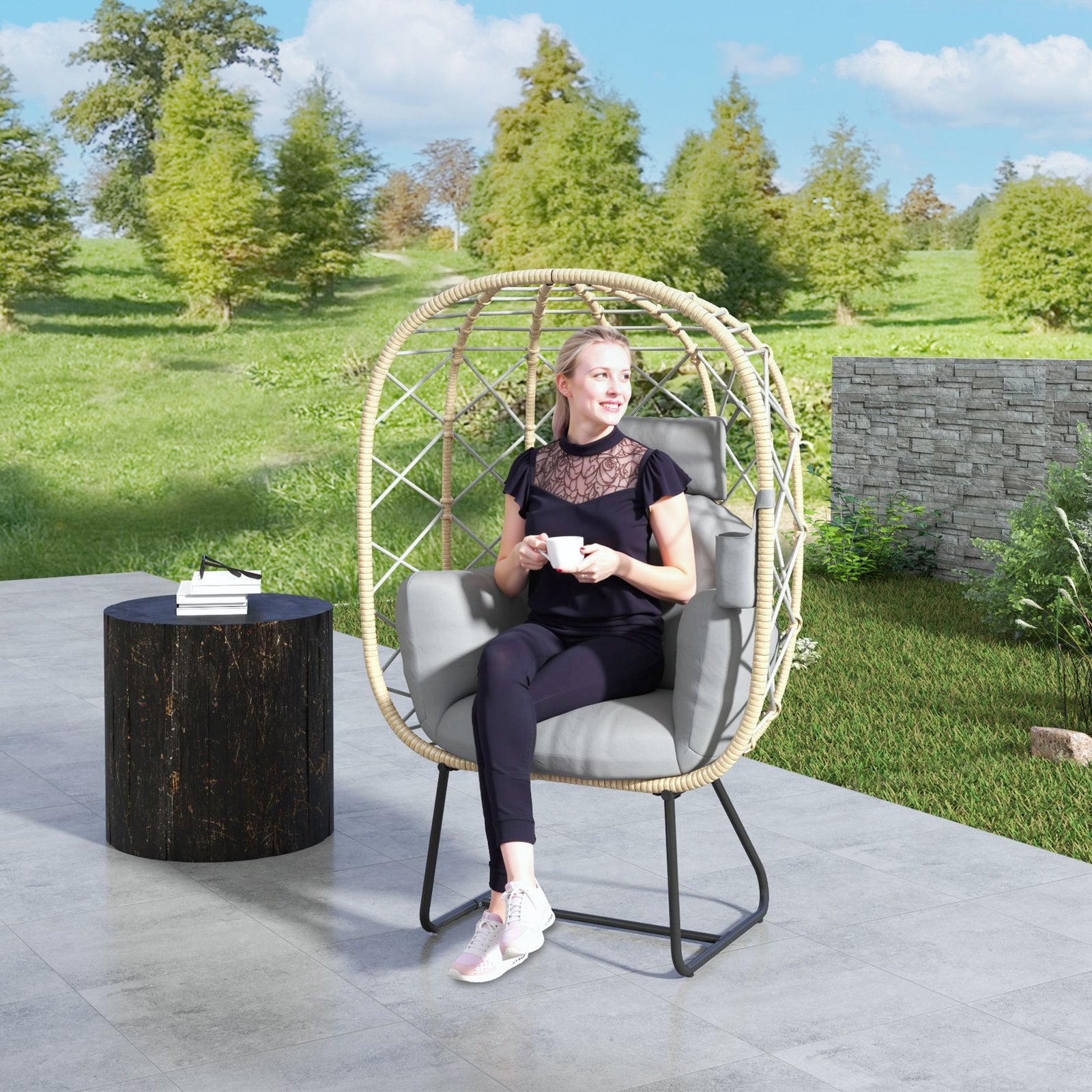 Rattan Garden Egg Chair With Thickened Cushion, Headrest