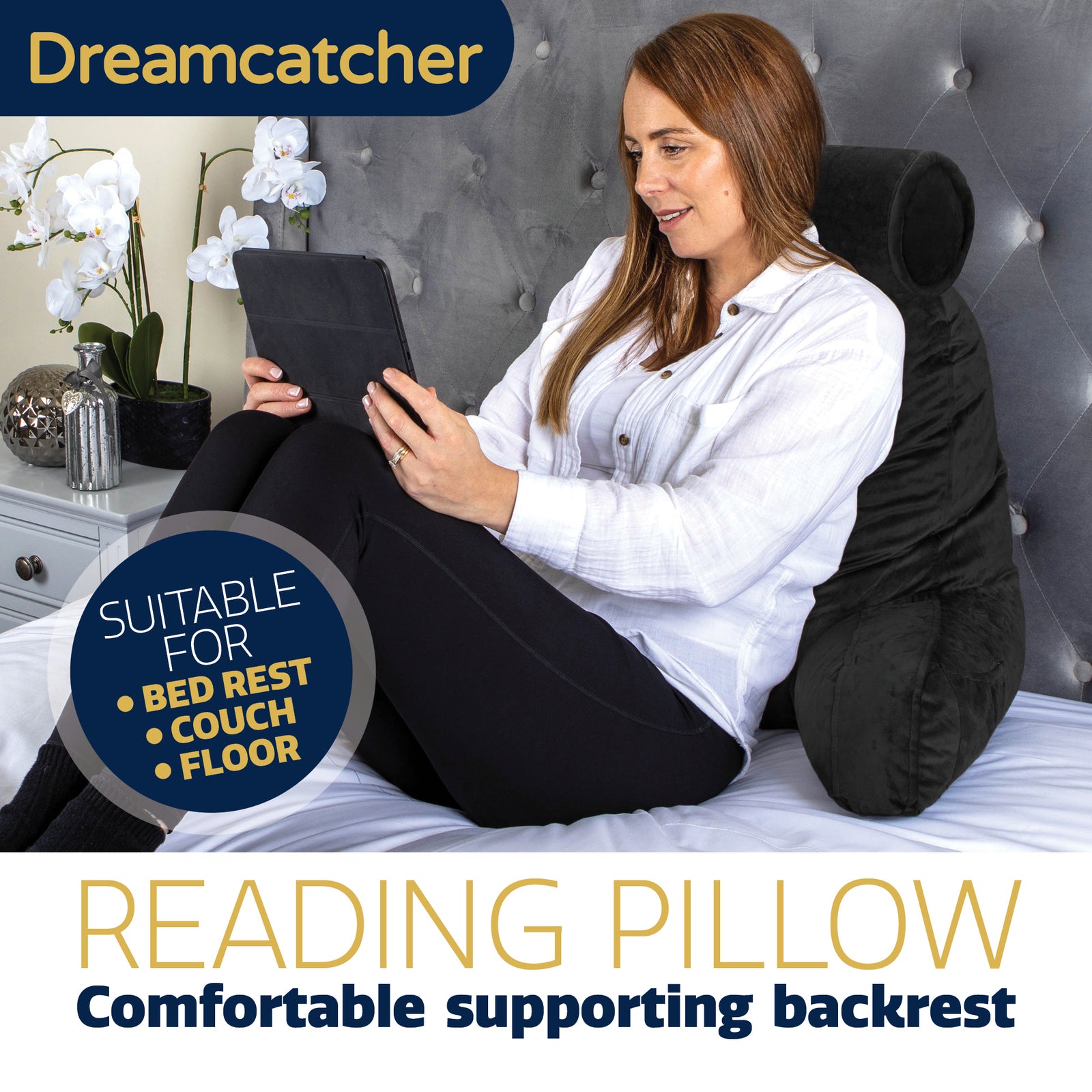 Deluxe Reading Pillow Detachable Headrest, Shredded Memory Foam Cuddle Cuddle Cushion Backrest Arm Support | XL | Black