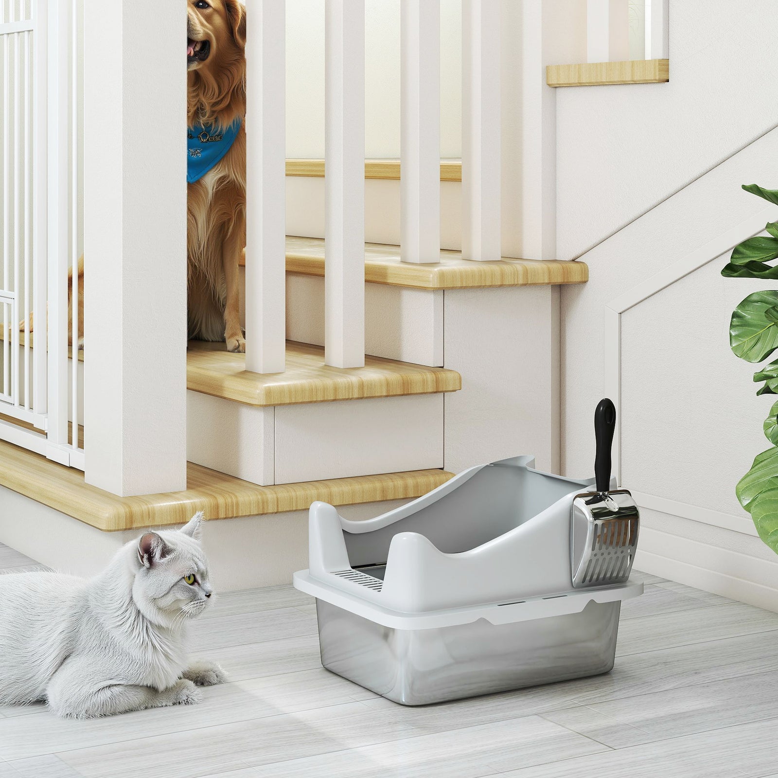 Stainless Steel Cat Litter Box With High Sides, 43 X 33 X 25 Cm | Grey