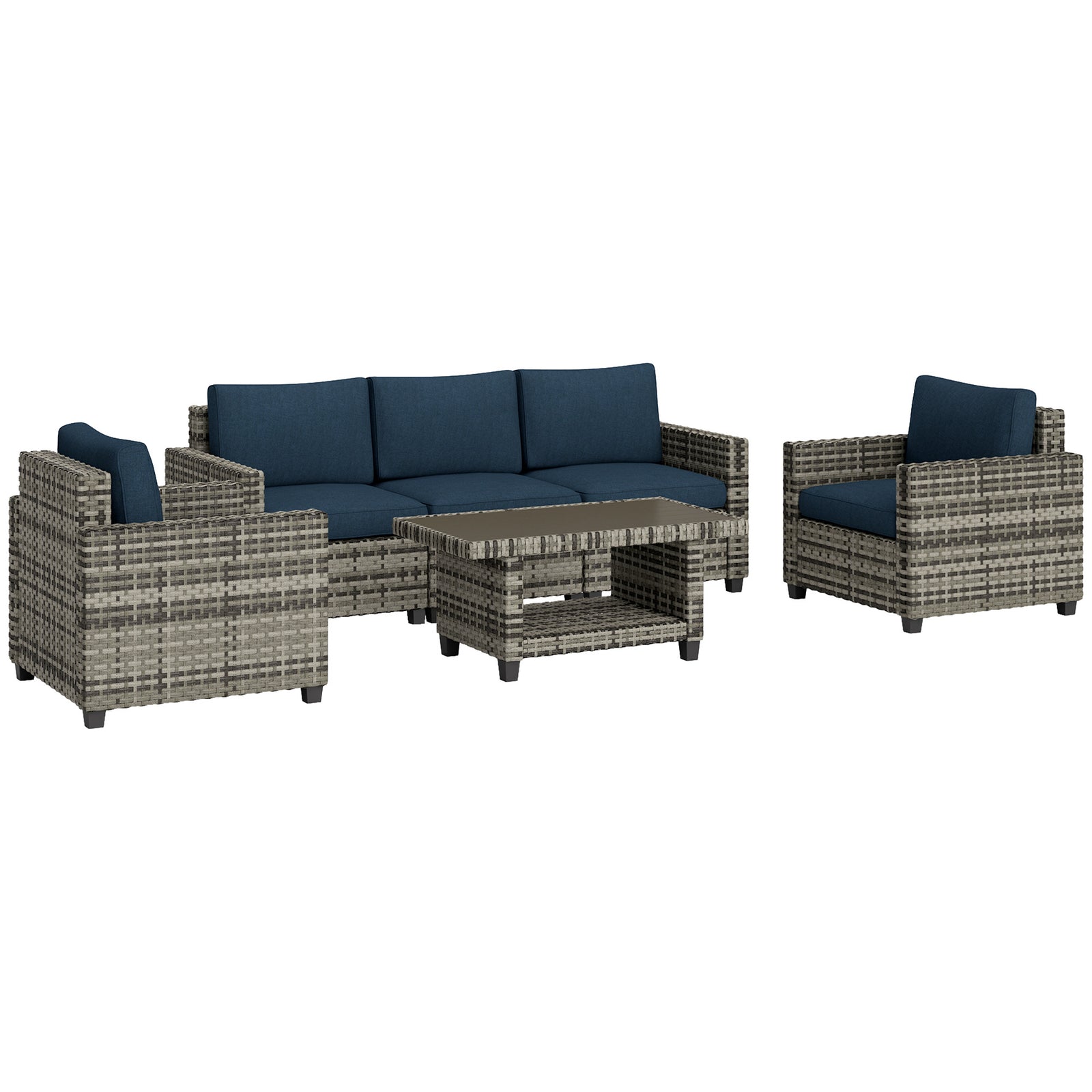 5 Seater Wicker Outdoor Furniture Set For Balcony, Navy Blue