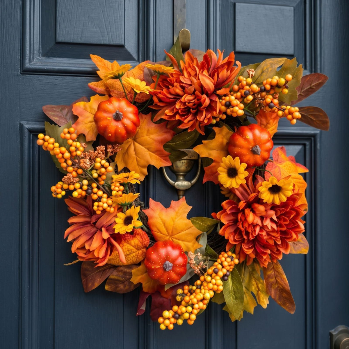 Artificial Chrysanthemum & Pumpkin Wreath, Autumnal