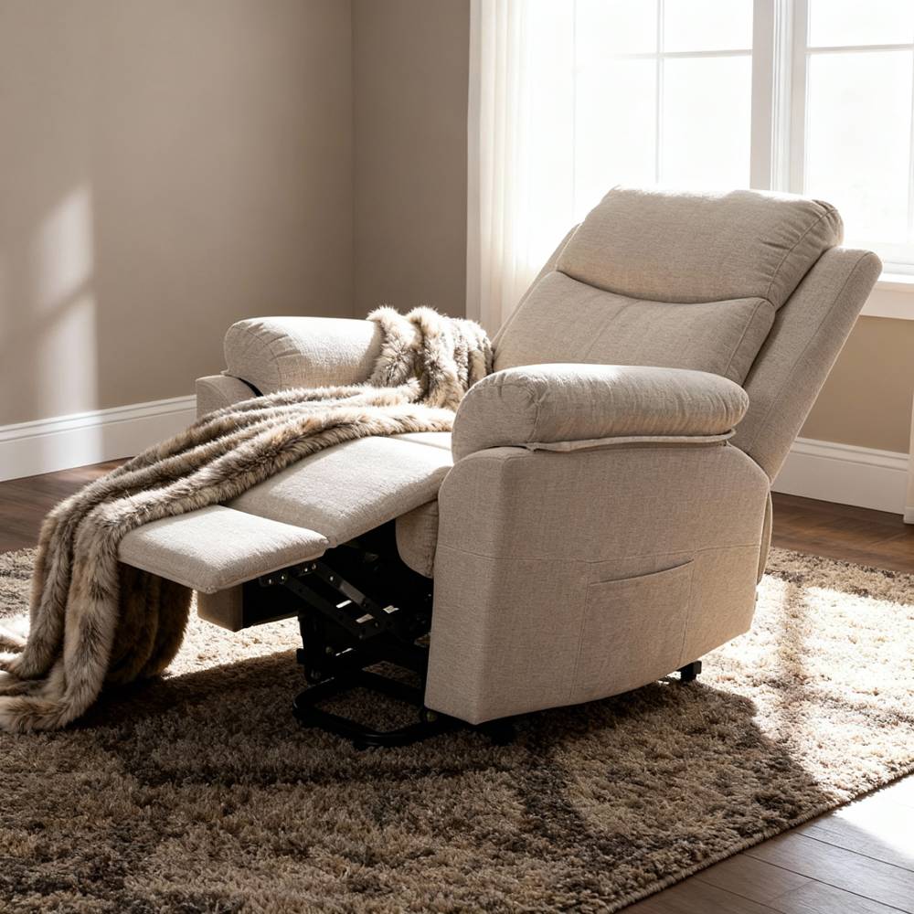 Ergonomic Chenille Single Sofa – Recline Up To 135°, Footrest, Side Pockets, Wood & Iron Frame | Beige