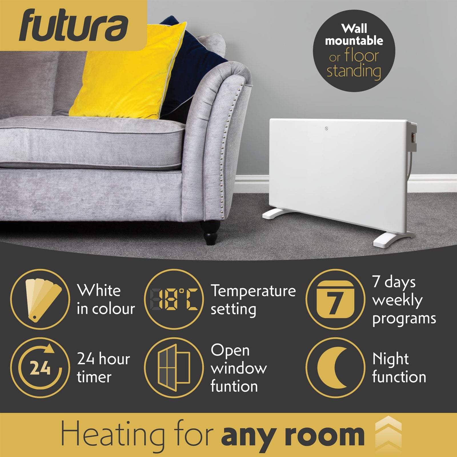 Electric Radiator Panel Heater Wall Mounted Or Floor Standing Bathroom Safe Timer And Thermostat Control | 1500w | White