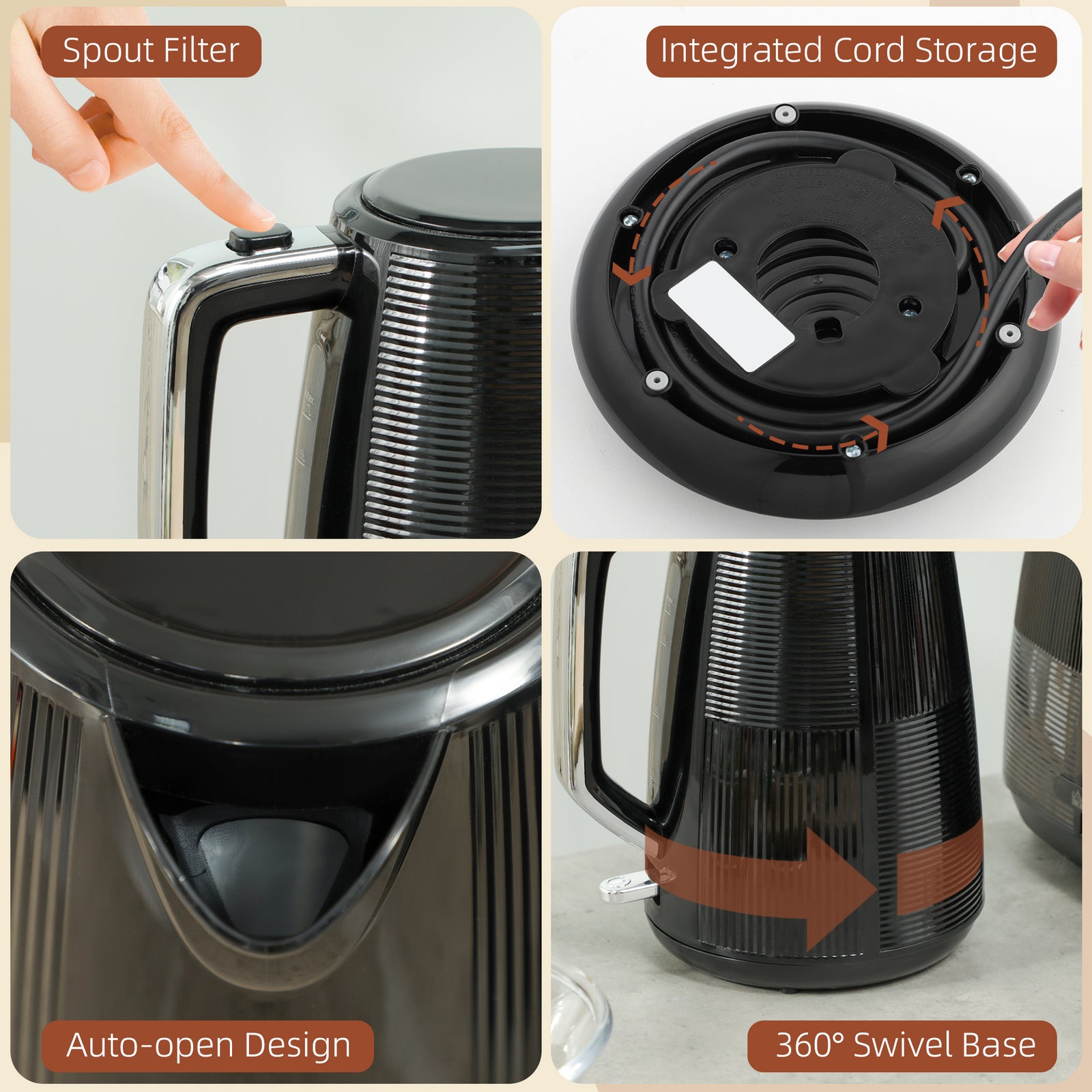 1.7l Fast Boil Electric Kettle And 2 Slice Water Toaster Set | Black