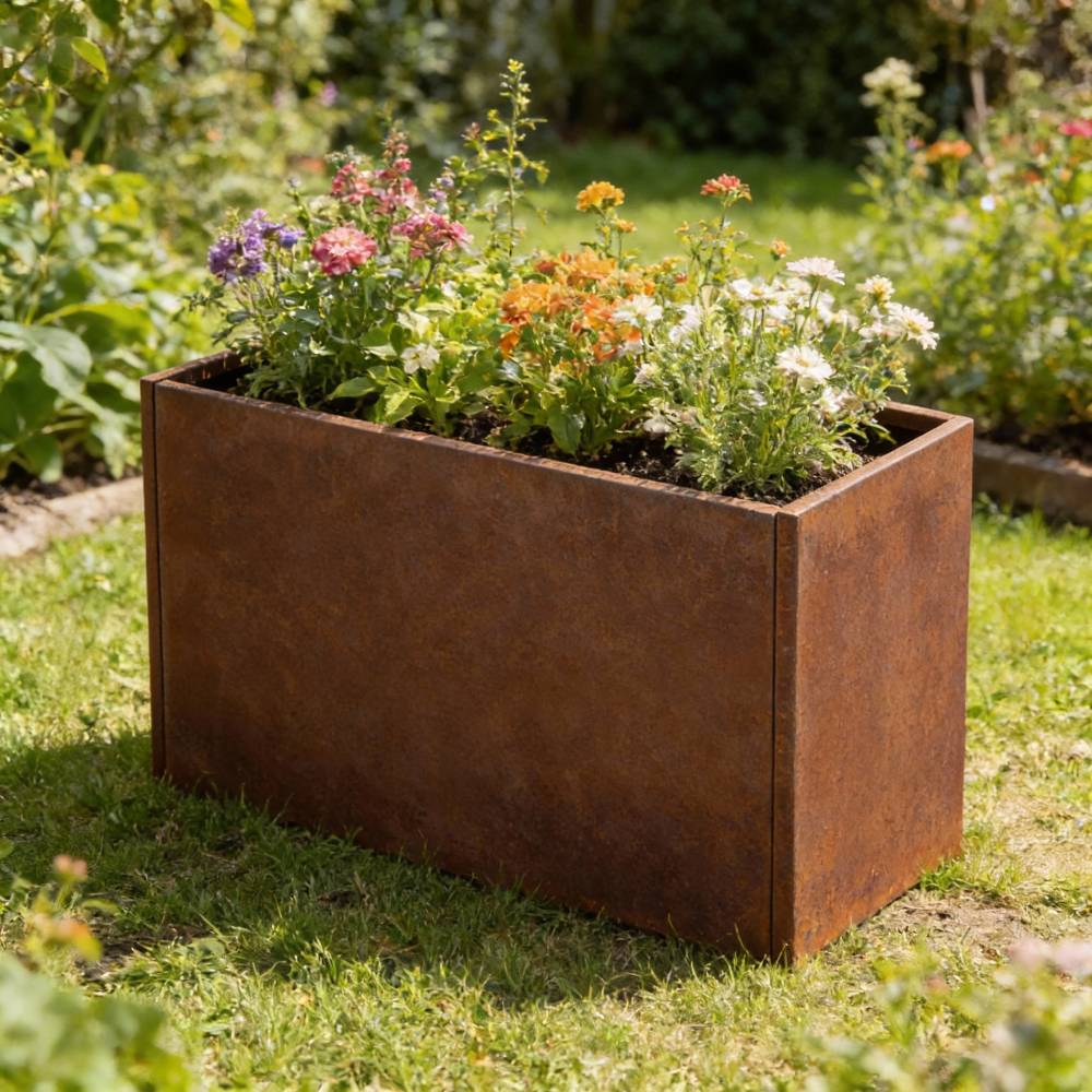 80/100cm W X 40cm D X 80cm H Rust Steel Flowerpot Outdoor Garden Weathering Metal Planter Box, Steel Planter With Drainage Hole | Small