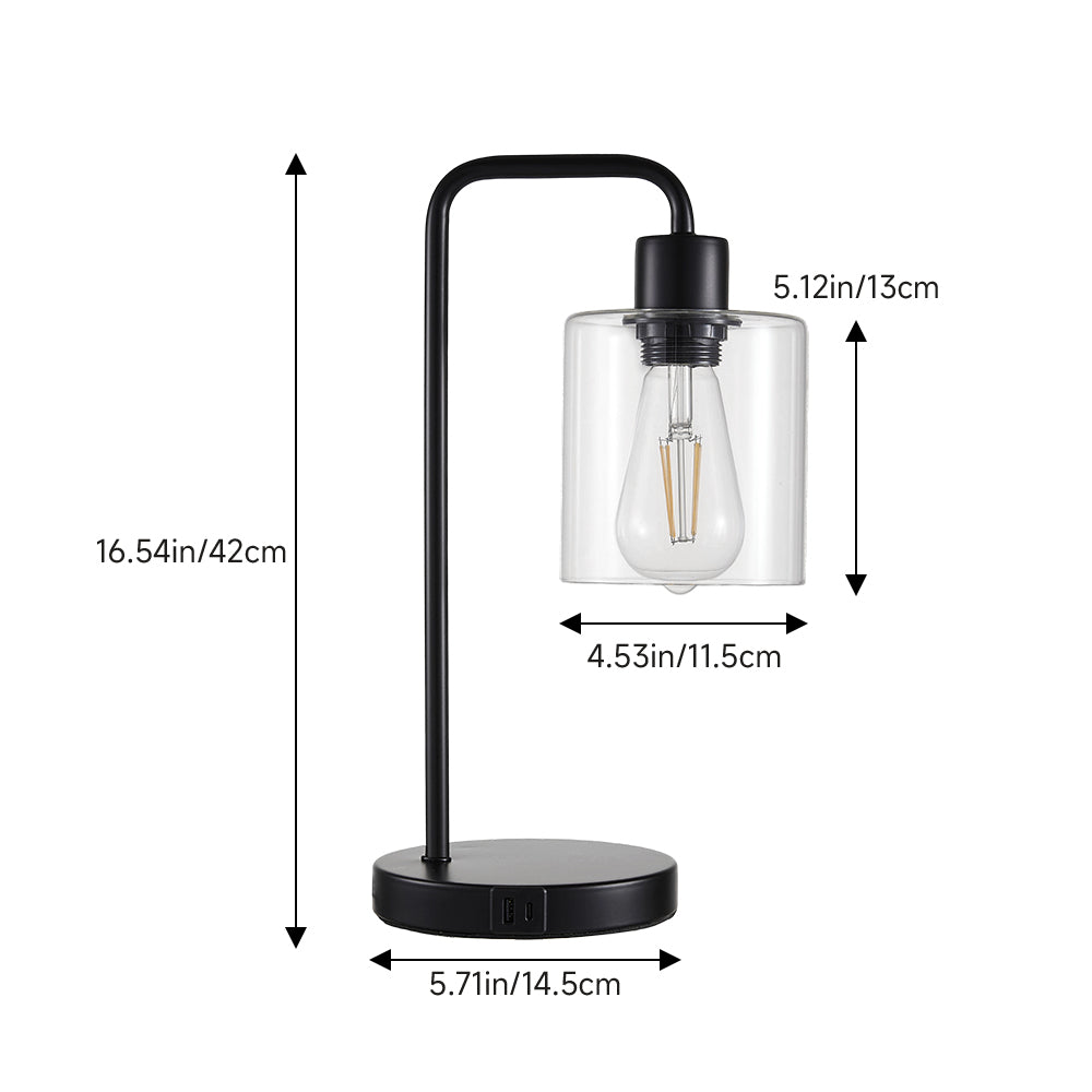 Black Iron Table Lamp With Clear Glass Shade – Touch Control, 3 Brightness Levels & Usb/type-c Charging Ports