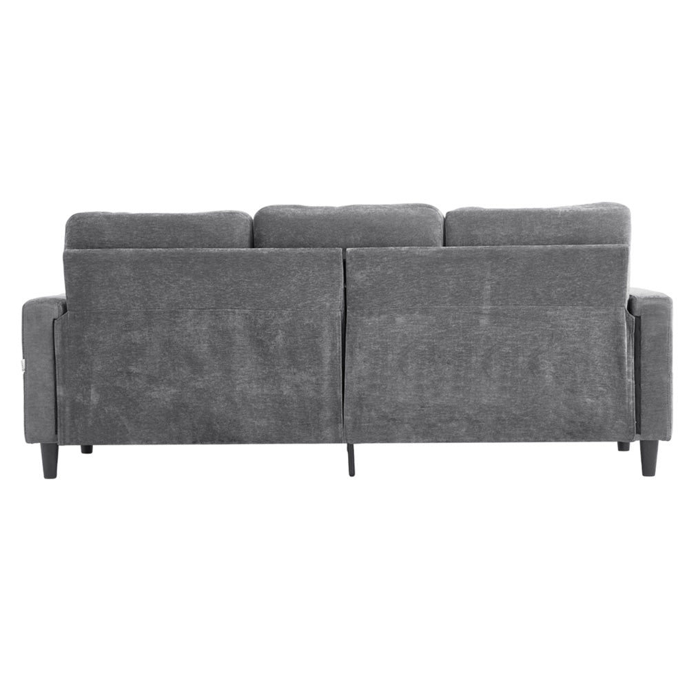 Grey Chenille 3-seater Sofa With Ottoman – Metal Rivets, Cup Holders & Side Pockets, Wooden & Iron Frame