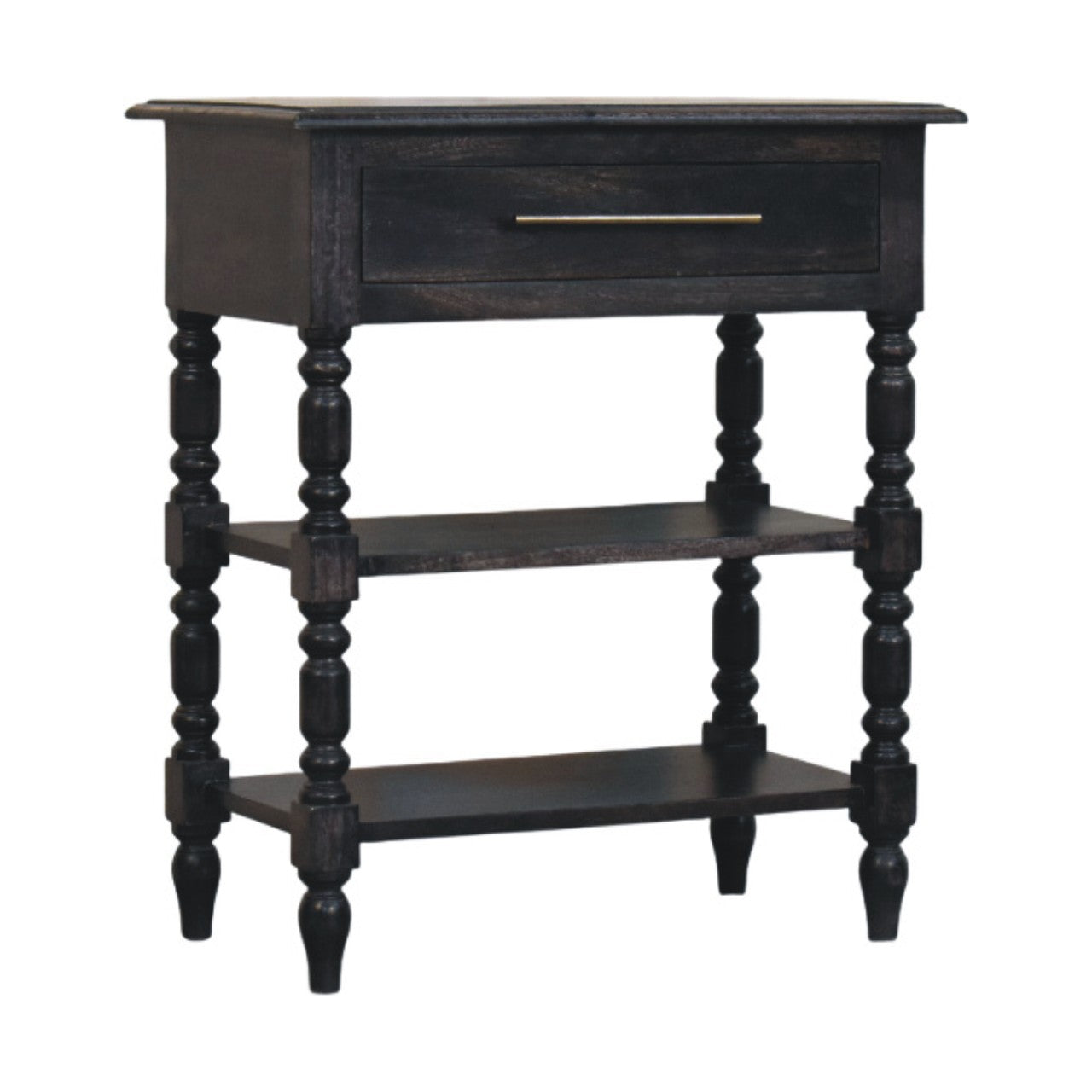 Heritage Turned-leg Side Table,1 Drawer, 2 Open Shelves, Dark brown