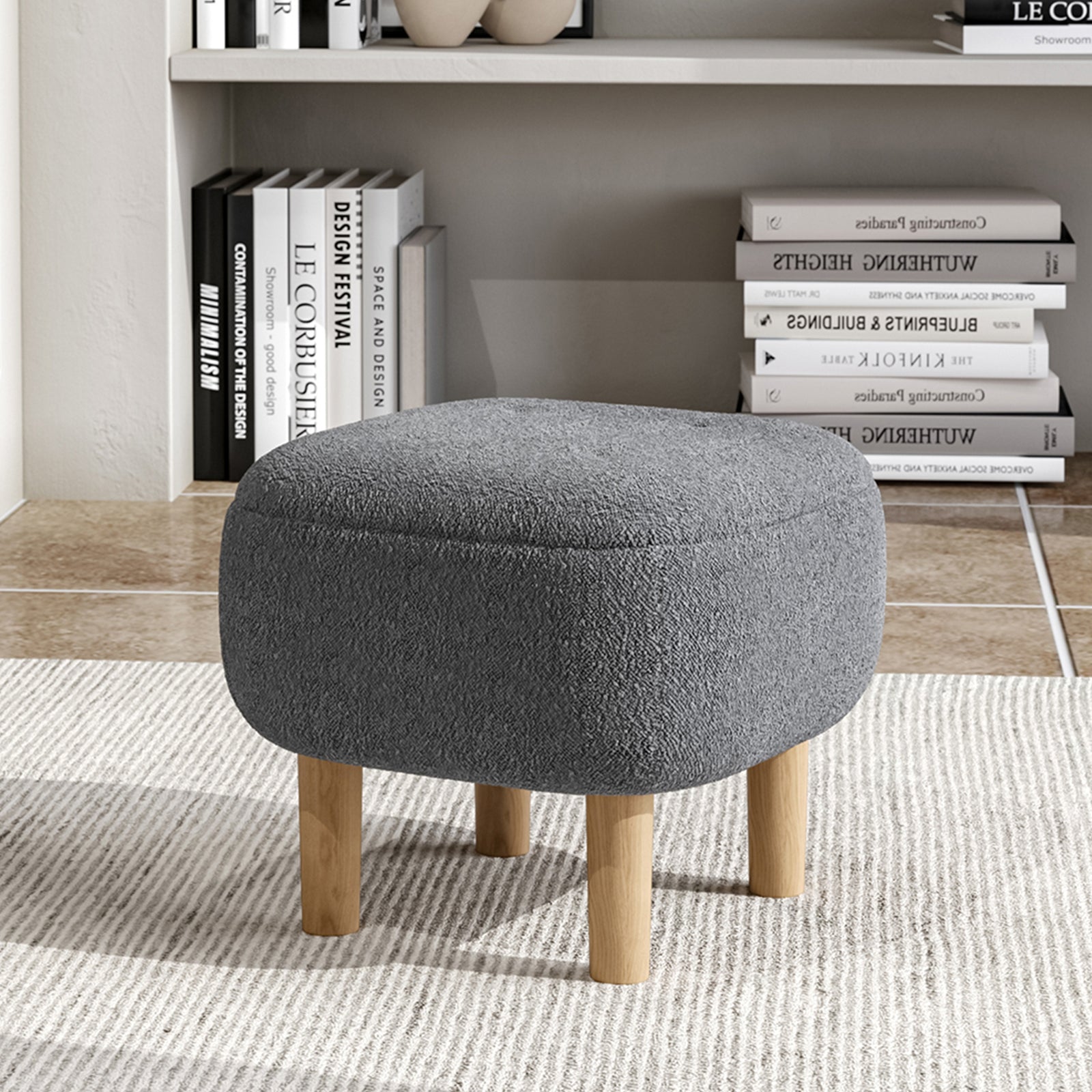 Teddy Fleece Footstool With Rubberwood Legs & Felt Pads | Grey