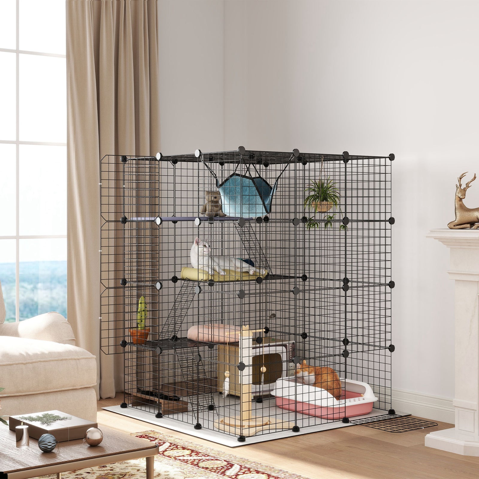 Diy Cat Cage Indoor, 4-tier Cat Enclosure W/ Hammock, Ramps, Doors, For 1-3 Cats