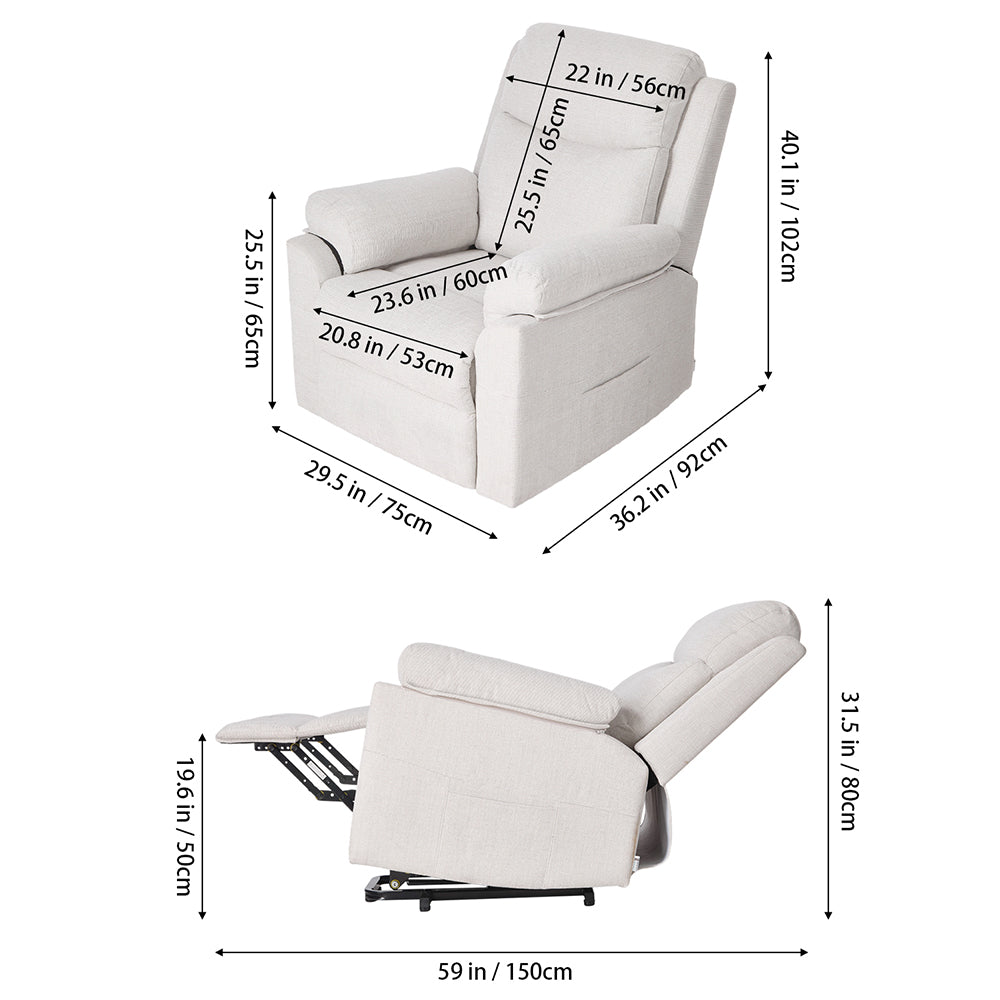 Ergonomic Chenille Single Sofa – Recline Up To 135°, Footrest, Side Pockets, Wood & Iron Frame | Beige