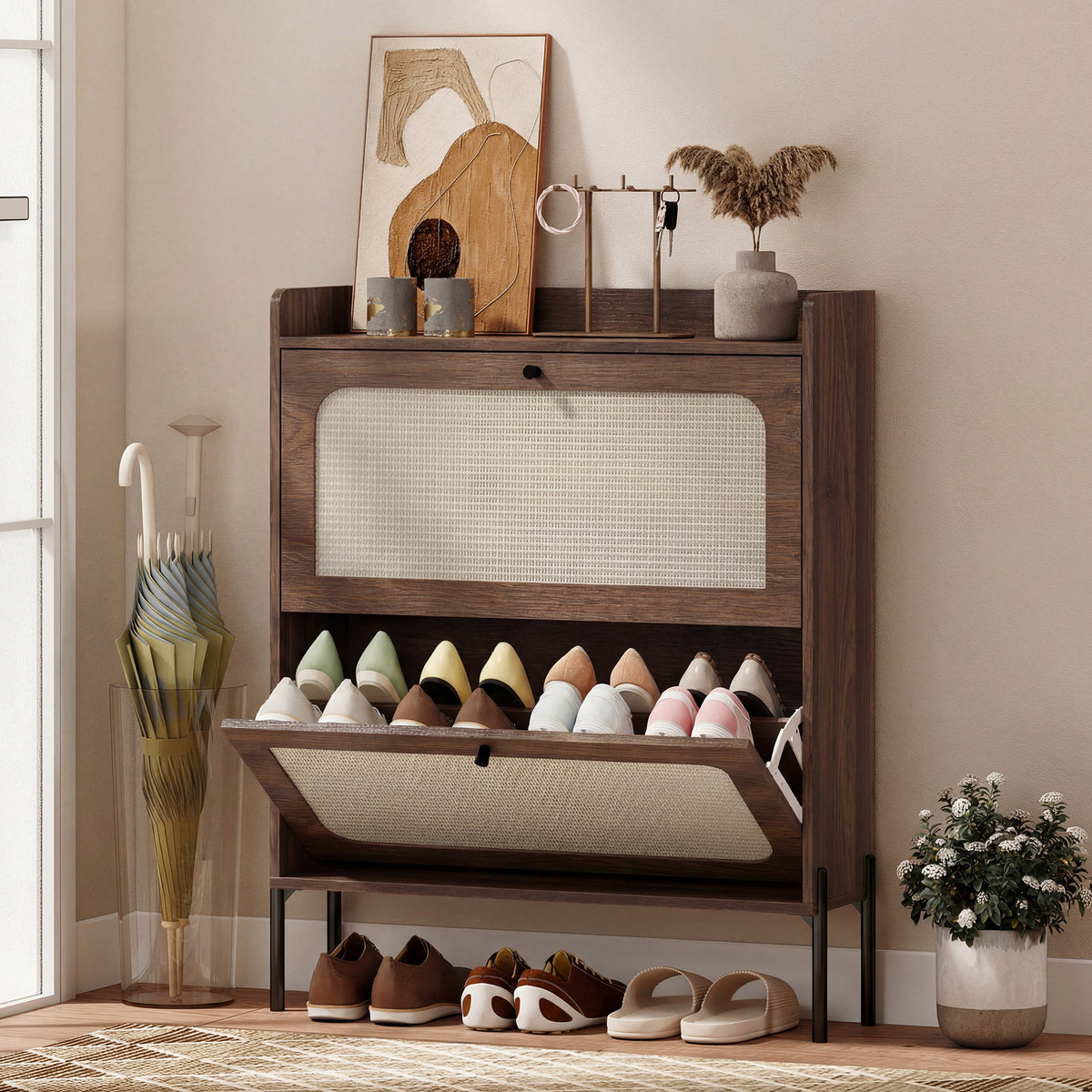 HOMCOM Boho Narrow Shoe Cabinet, Shoe Rack With 2 Flip Drawers