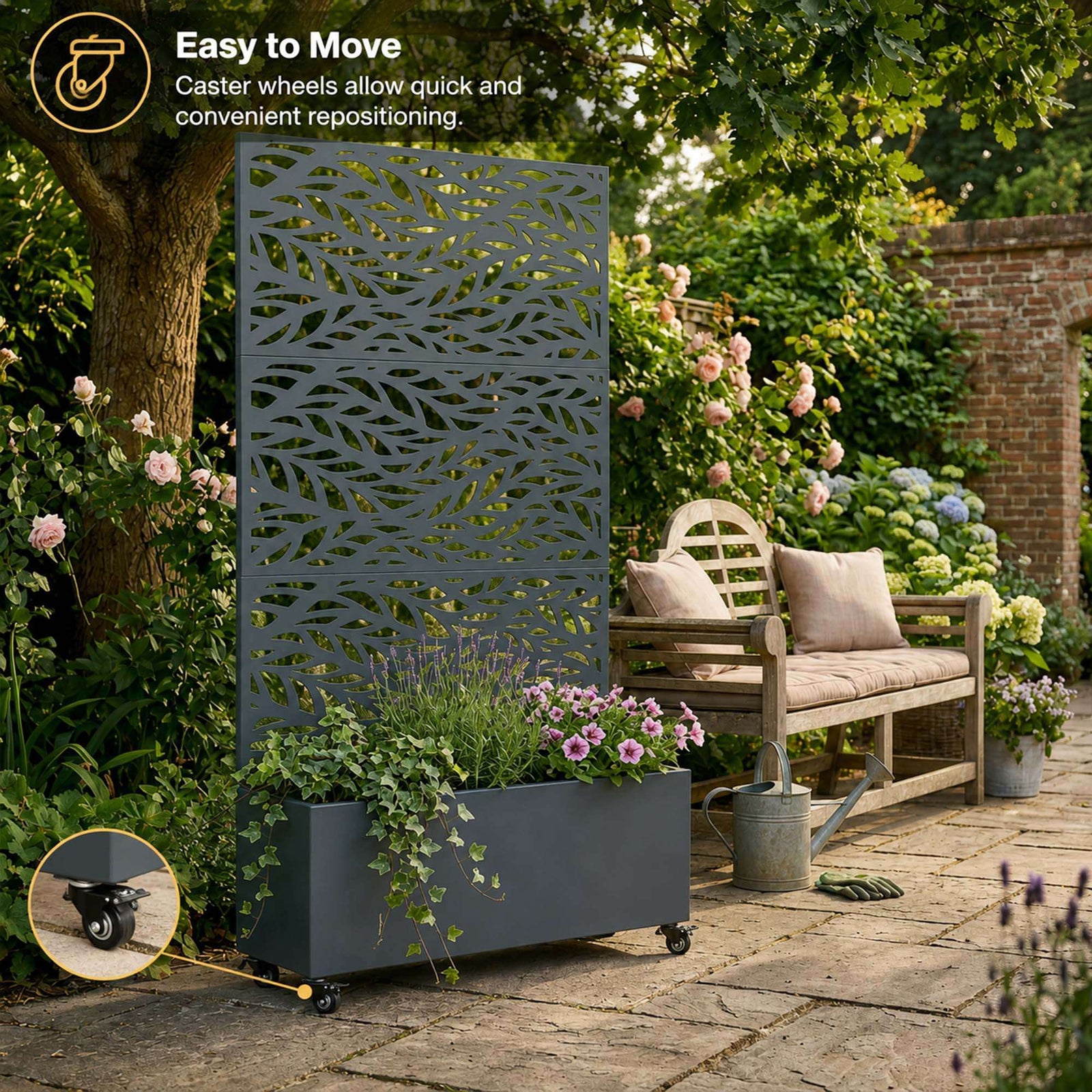 Metal Privacy Screen With Plant Pot - Leaf | Anthracite Grey