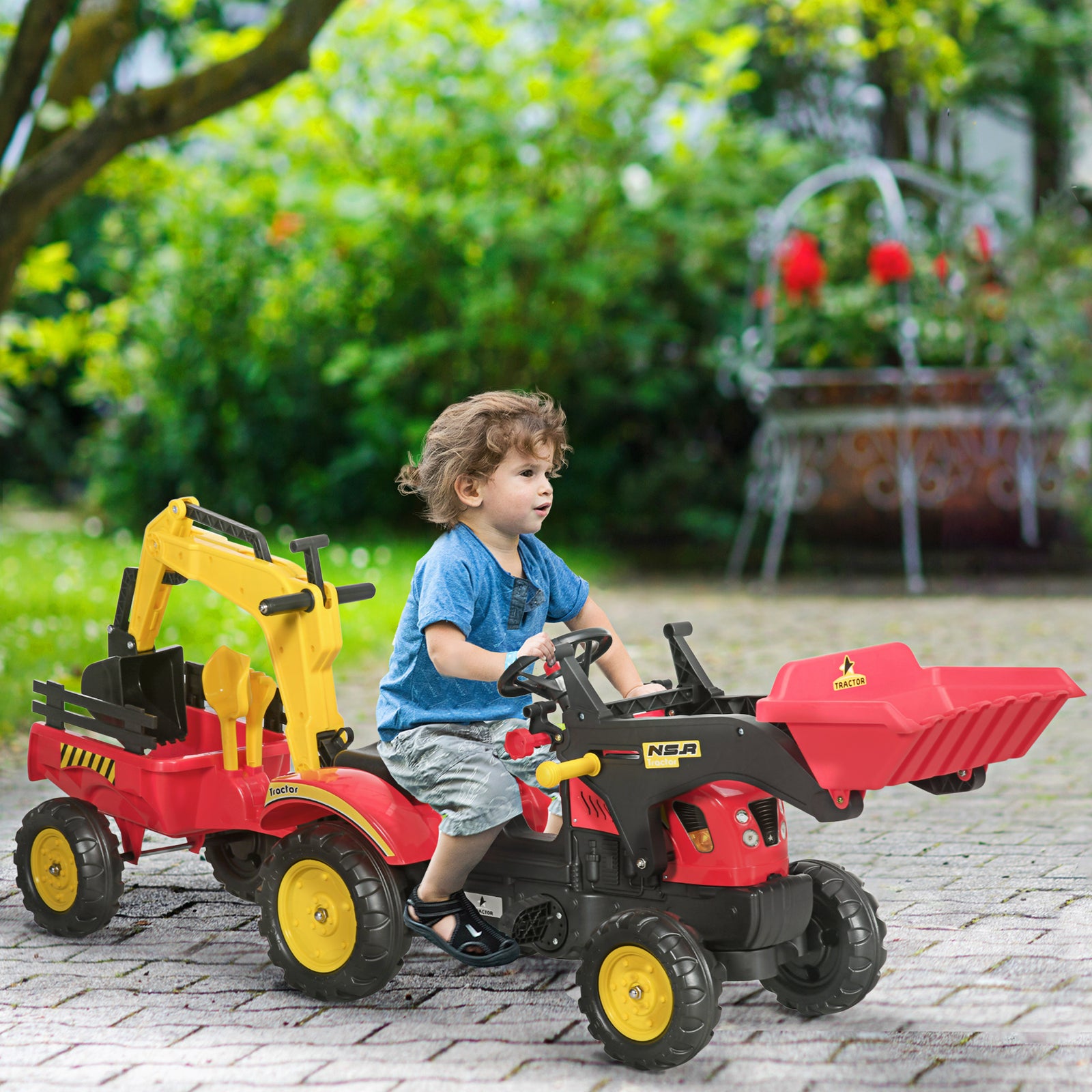 Pedal Powered Tractor Ride-on Car W/ Moving Bucket Steering Wheel 3-6 Yrs