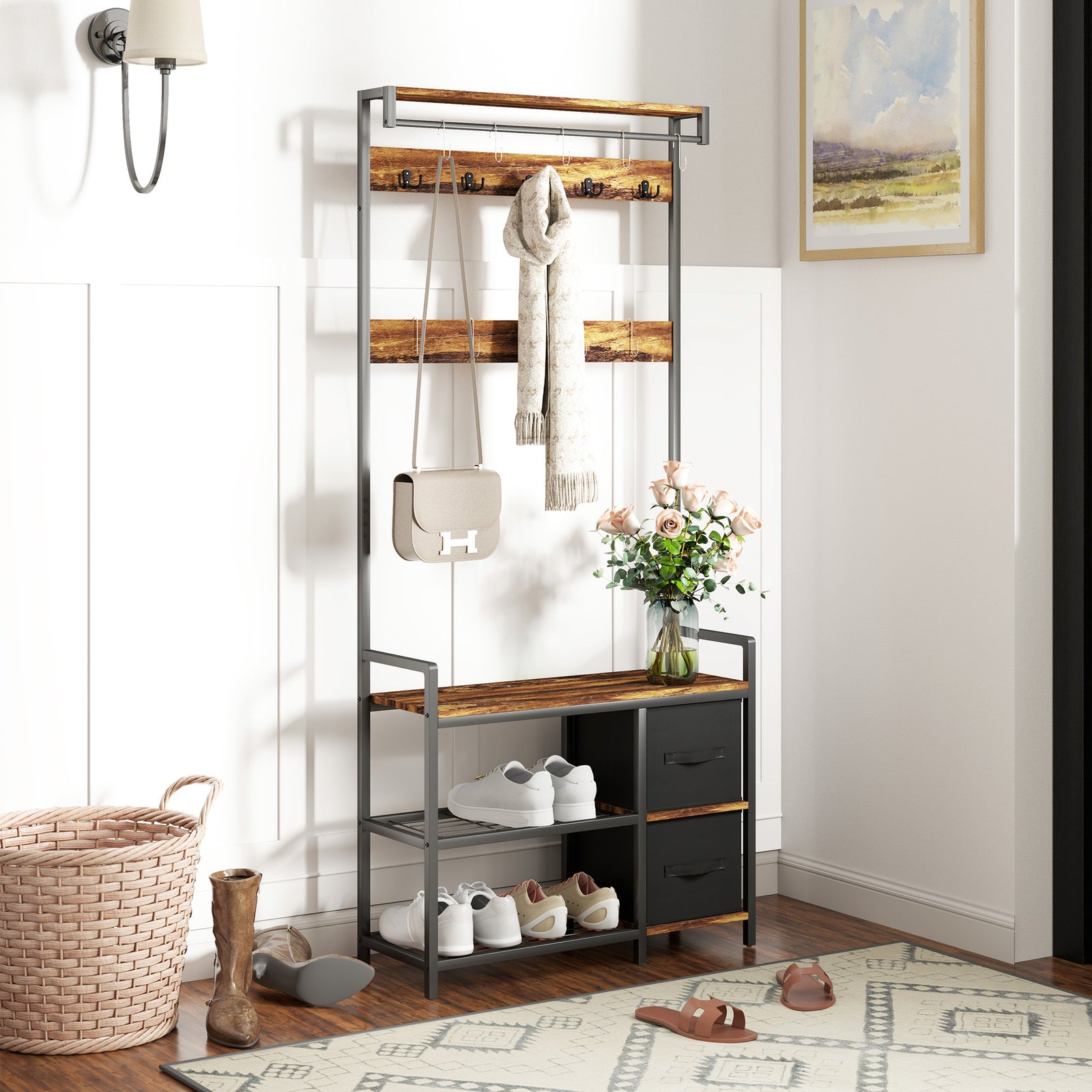 Coat Rack With Drawer, 4-in-1 Hall Tree With Coat Stand