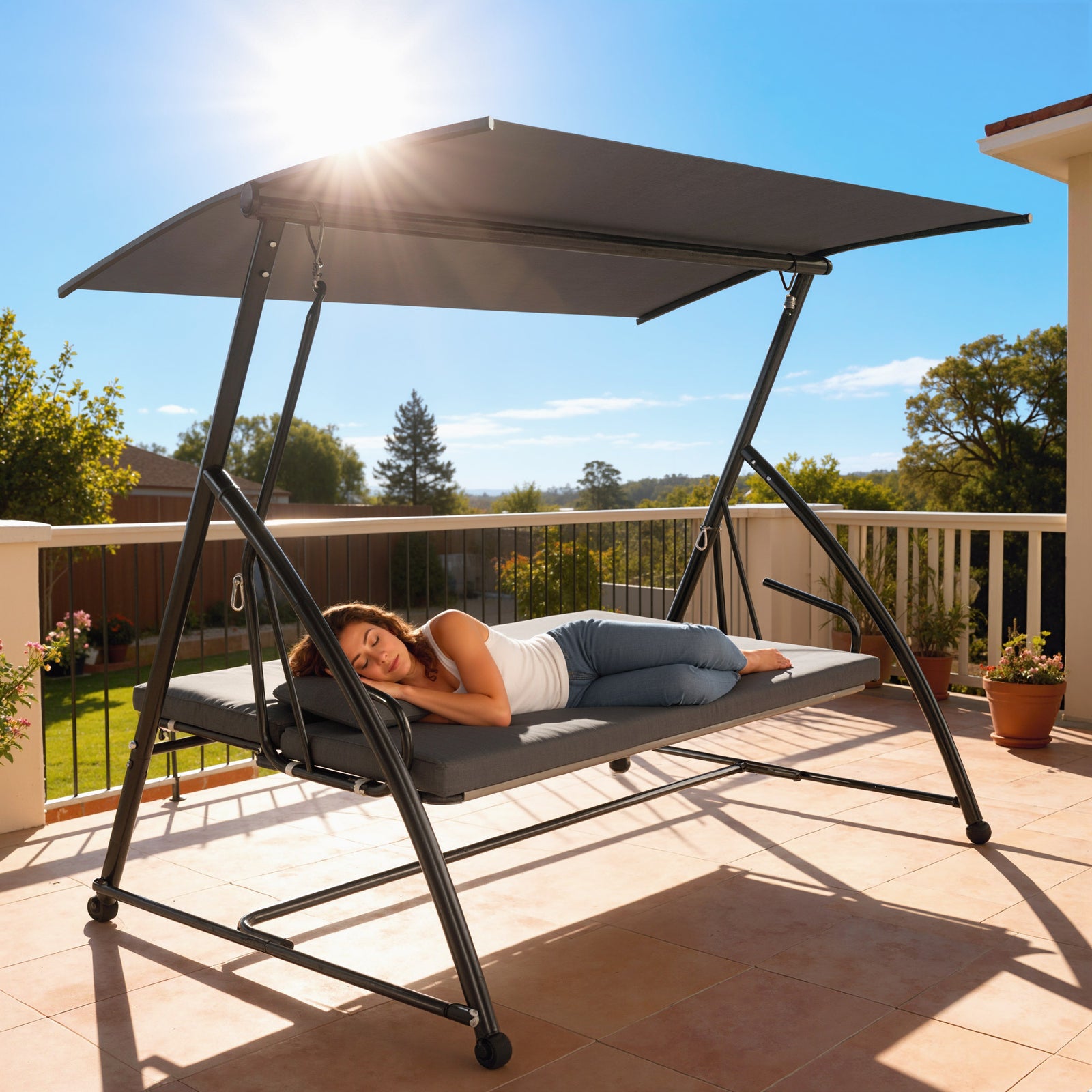 Outsunny 2-in-1 Swing Chair 3 Seater Hammock Cushion Bed Tilt Canopy Grey