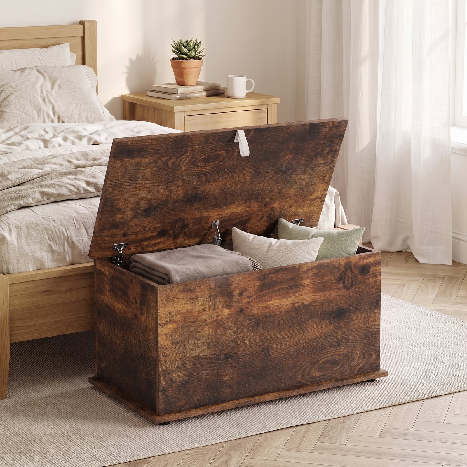 Storage Chest With Safety Hinged Lid, 102l Storage Box | Rustic Brown