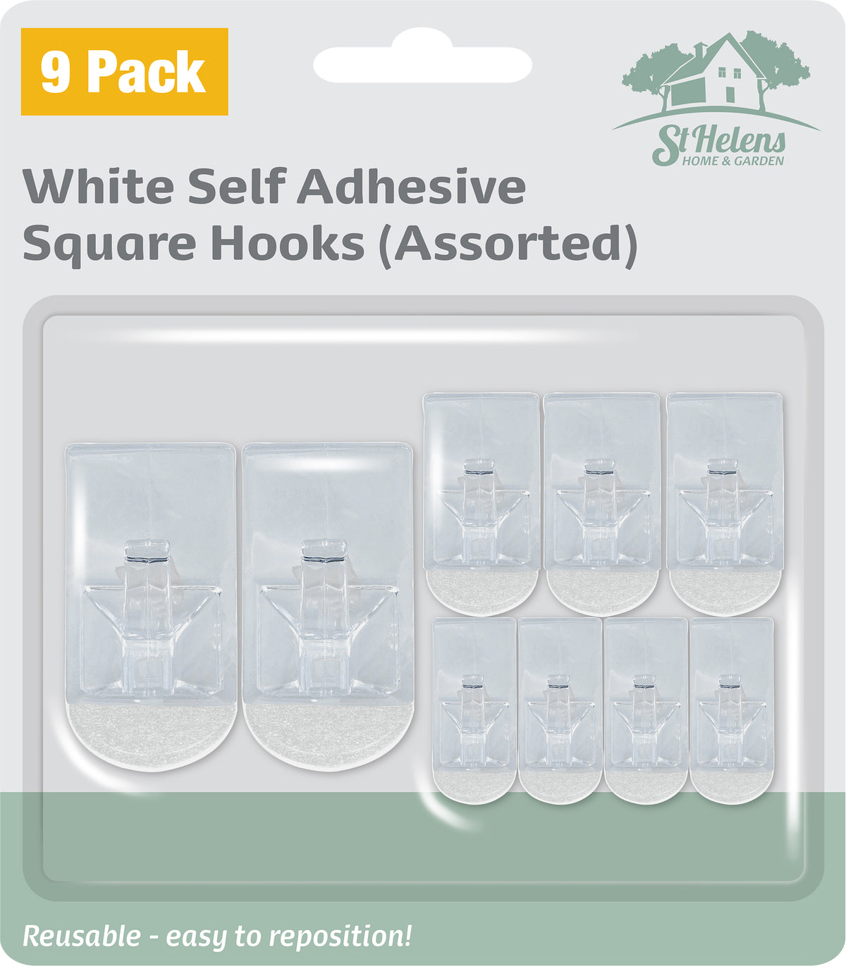 St Helens Assorted Self Adhesive Reusable Square Shaped Plastic Hooks (pack Of 9)