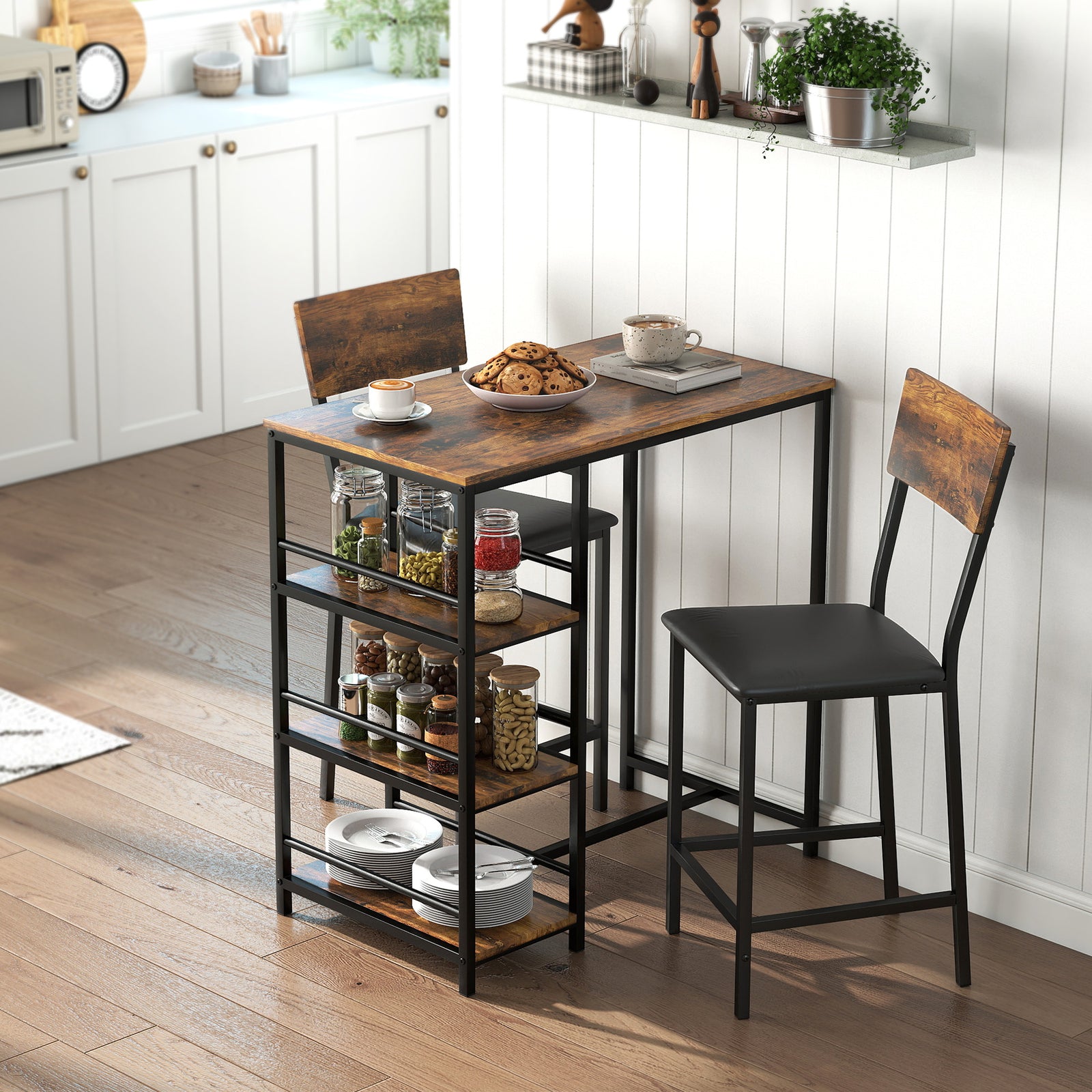 HOMCOM Industrial Bar Table Set With Storage And Padded Seats, Rustic Brown