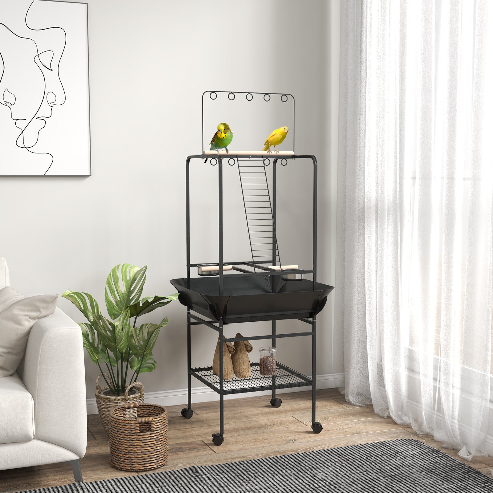 Pawhut Bird Table With Wheels, For Indoor, Outdoor, Small Parrot - Dark Grey