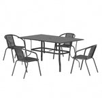 5 Pcs Garden Dining Set Metal Slatted Coffee Table With Rattan Chairs | Large | Black