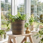 2-piece Retro Metal Plant Pot Set With Wooden Handle | Set of 2 | Slate Grey