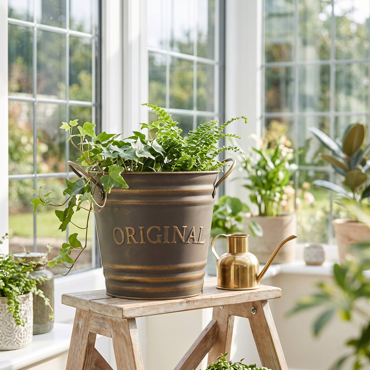 2-piece Retro Metal Plant Pot Set With Wooden Handle | Set of 2 | Slate Grey