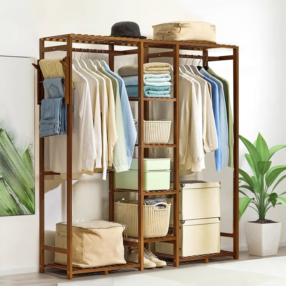 Wooden Garment Rack With Side Hooks Multi-functional Freestanding Clothes Organizer | Large | Brown