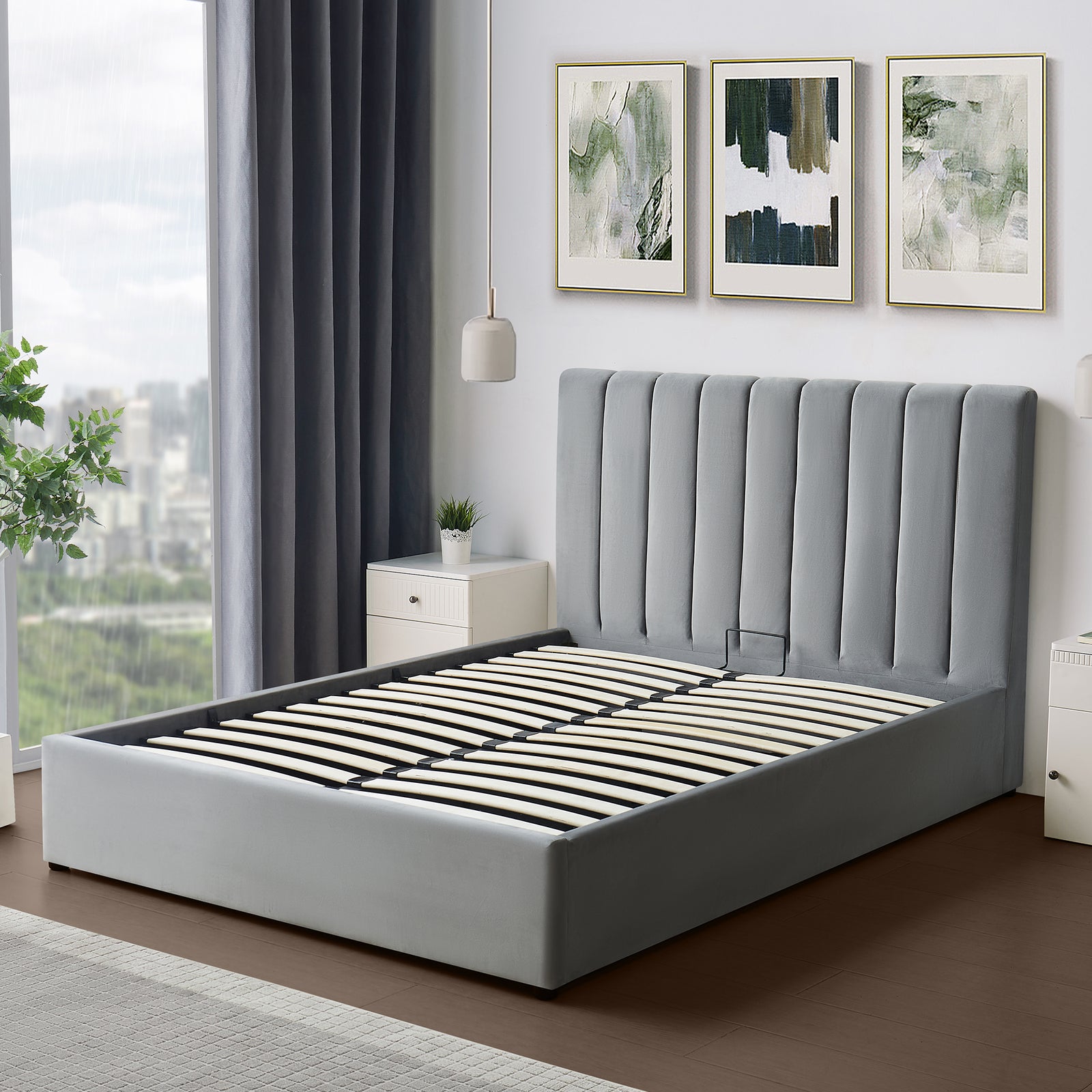 Corwin Grey Velvet Ottoman Storage Bed Frame - 4 Sizes Available | Double