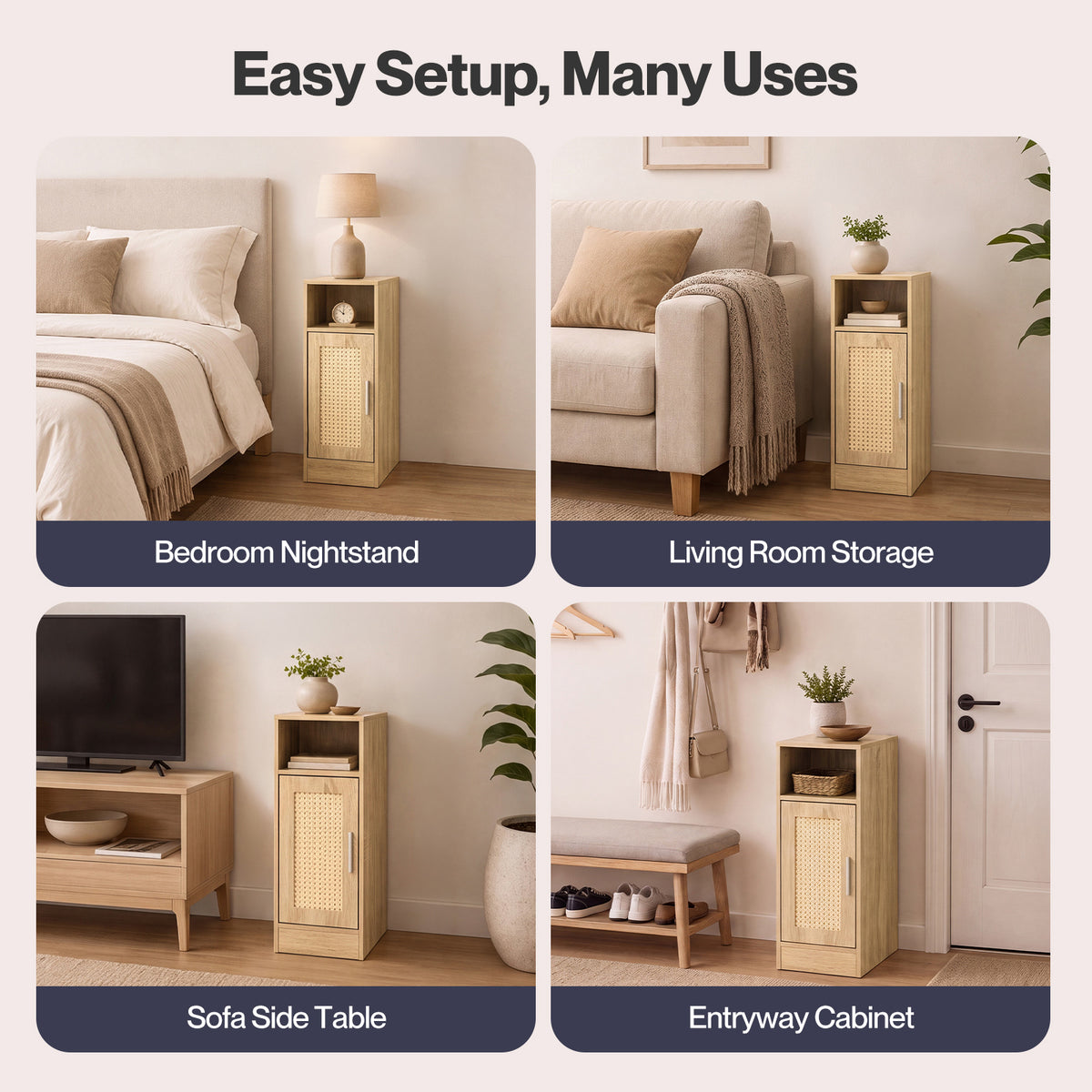 Bedside Table 2 Pc Narrow Side Table Boho Rattan Storage For Bedroom Wood | Brown
