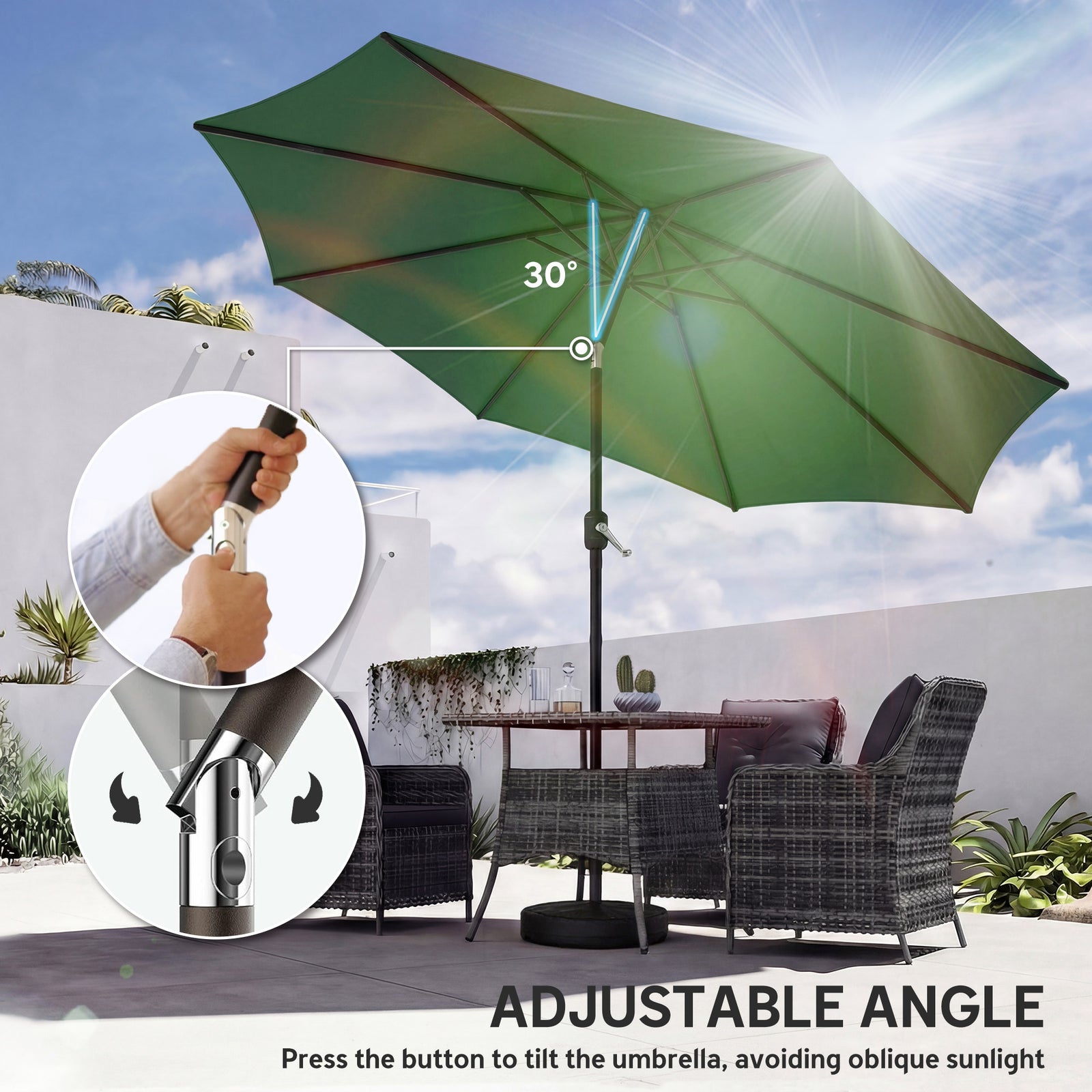 2.7 M Garden Parasol Umbrella With Cross Base, Sandbag | Green