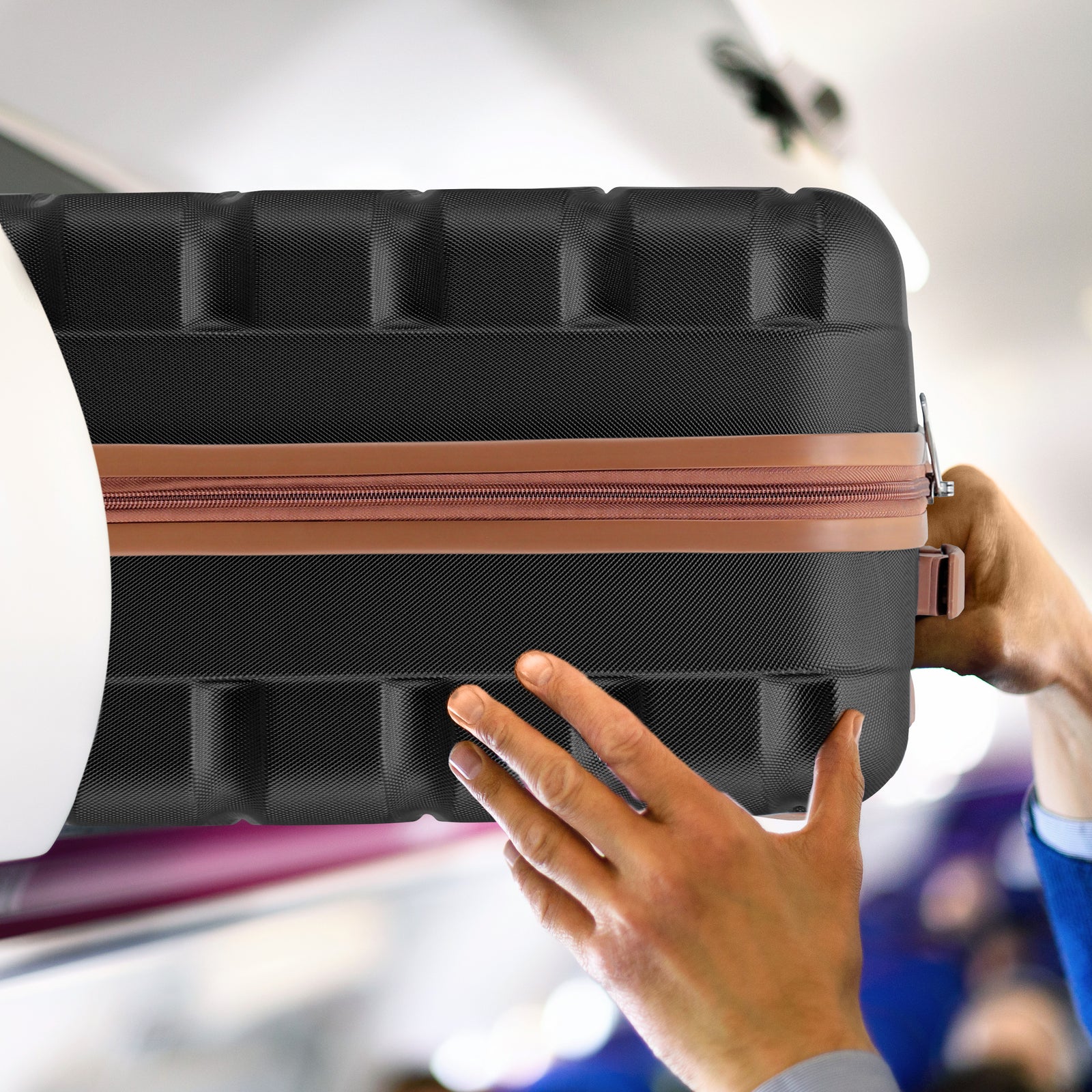 56x45x25cm Large Cabin Carry On Case - Overhead Luggage Suitcase - 4 Spinner Wheels - Abs Shell | 56 x 45 x 25cm | Black & Brown