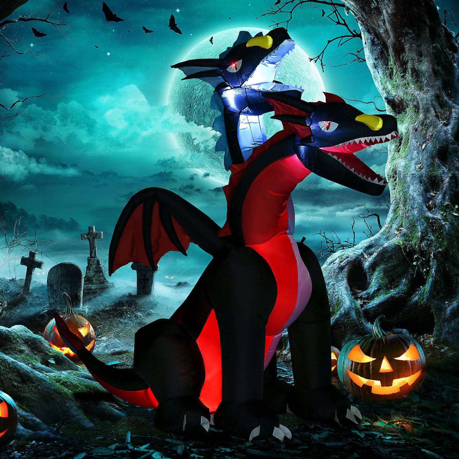 7ft Blow Up Tall Halloween Inflatable Dragon With 2 Heads And Led Lights
