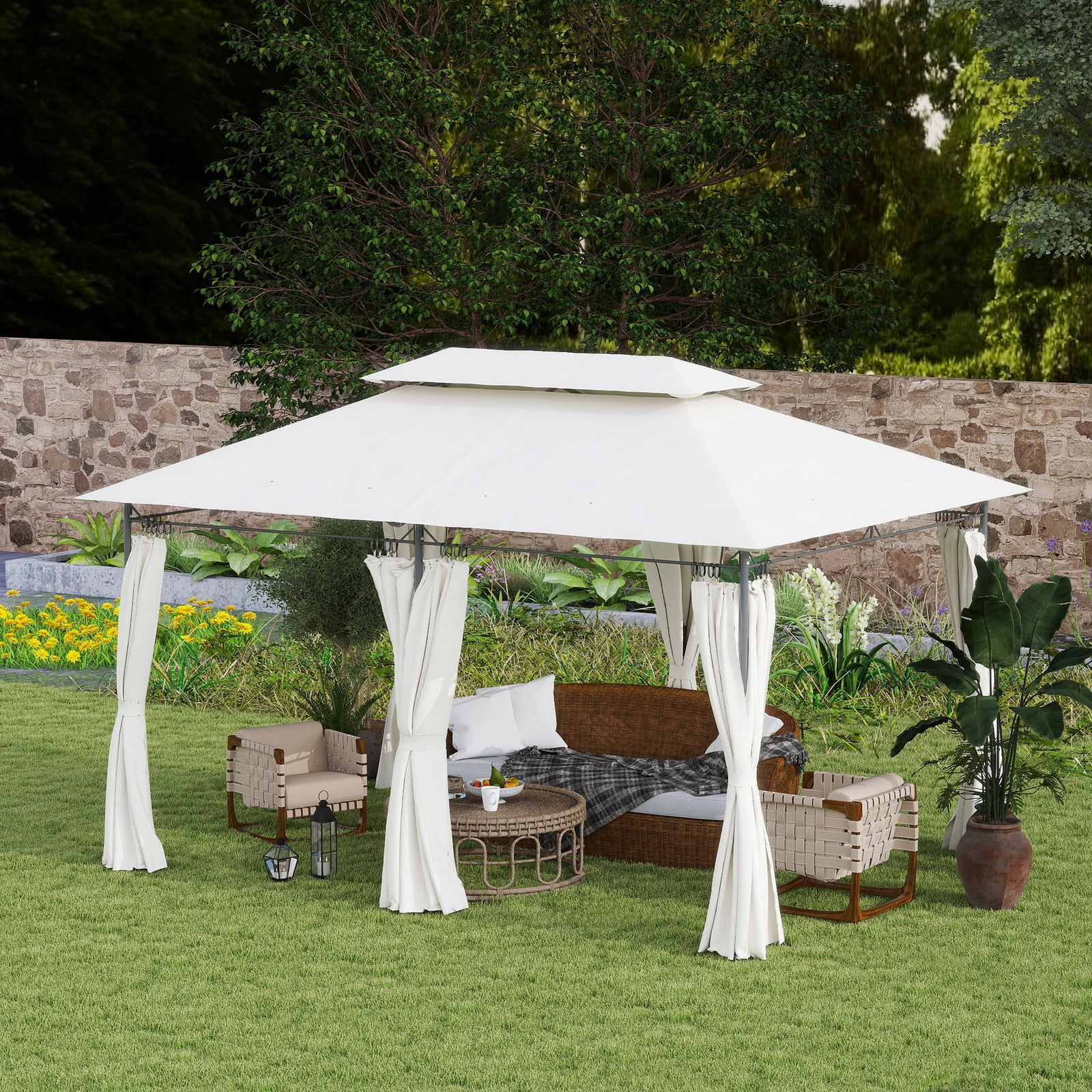 3x4m Garden Gazebo With Sides, Double Roof Metal Gazebo | Cream