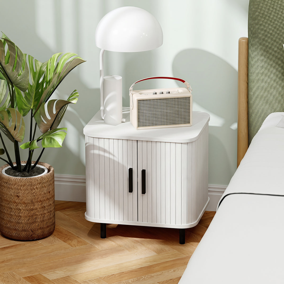 HOMCOM Nightstand With Sliding Doors And Metal Legs White Wood Effect
