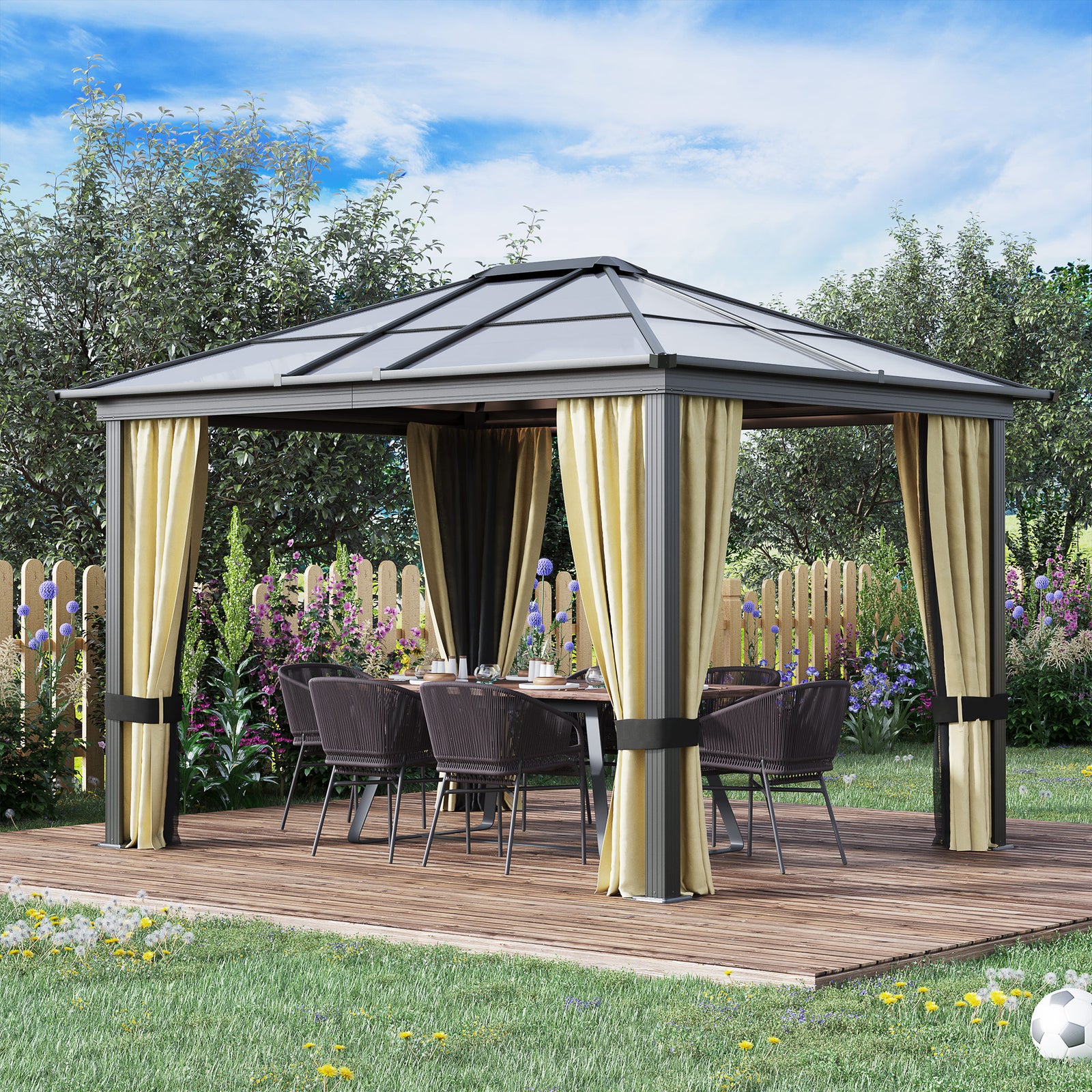 Hardtop Gazebo Canopy With Mosquito Netting And Curtains | Large | Brown