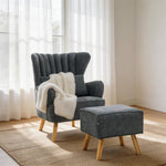 Navy Grey Upholstered Wingback Chair With Footstool & Pillow