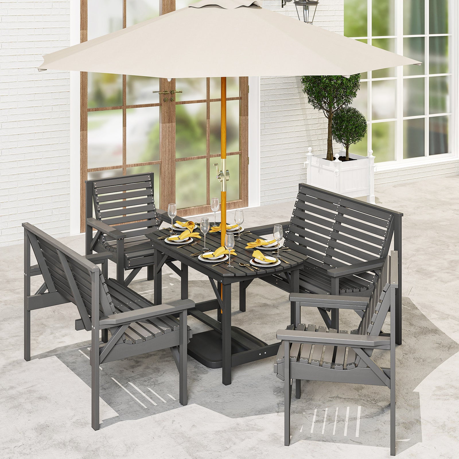 5pc Patio Dining Set Wooden Table And Chairs W/ Umbrella Hole
