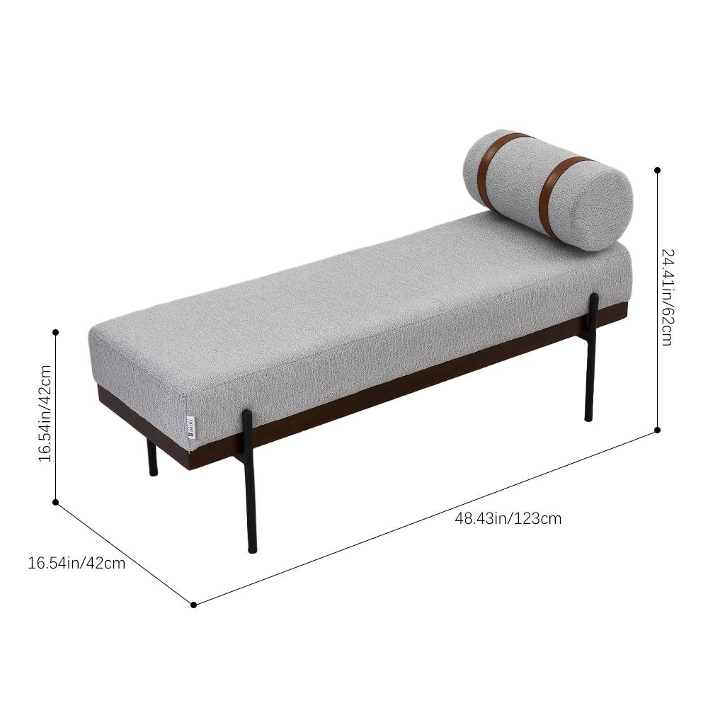 Modern Upholstered Bench With Bolster Pillow, Fine Linen Fabric Bedroom Bench With Metal Legs For End Of Bed | Light Grey