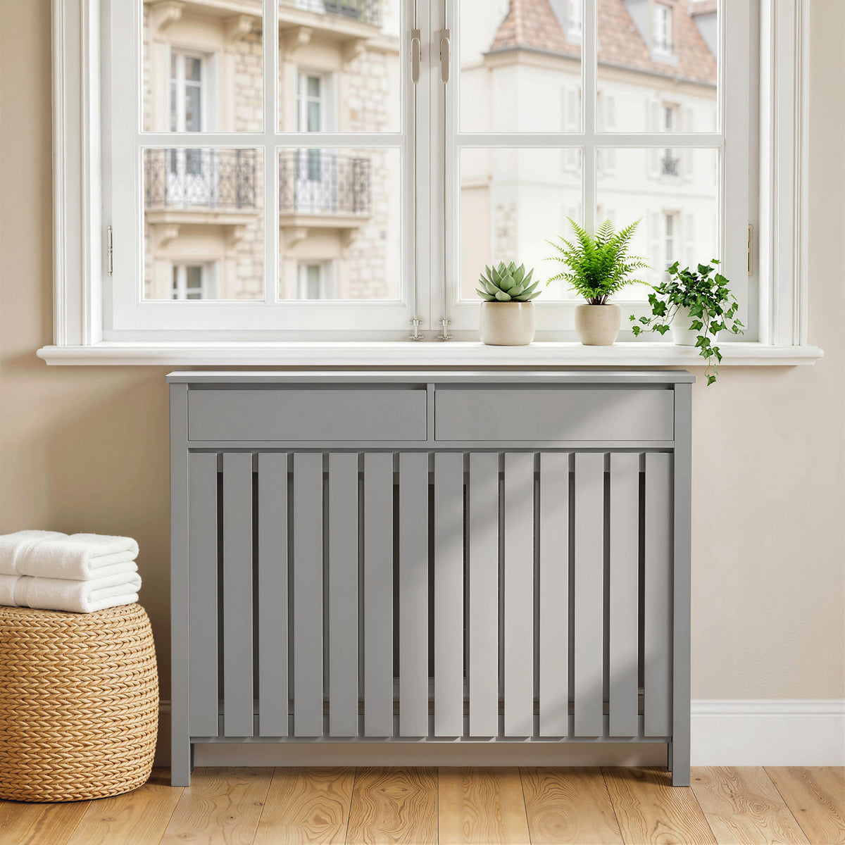 HOMCOM Large Radiator Cover With Drawers And Vertical Slats 119 X 19 X 93cm