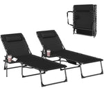 Folding Sun Loungers With 5-level Back, Cup Holder | Black