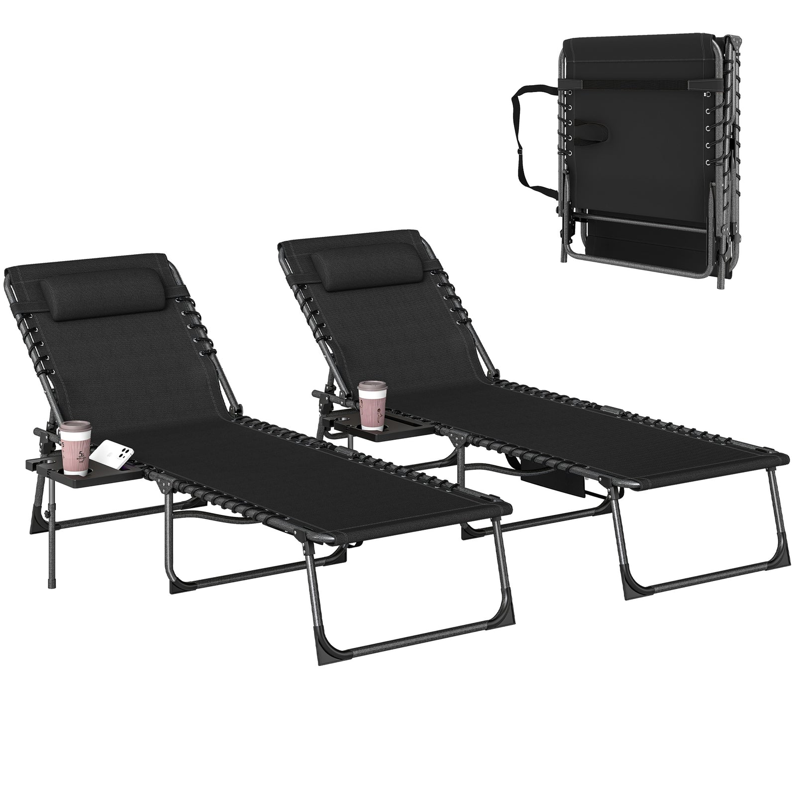 Folding Sun Loungers With 5-level Back, Cup Holder | Black