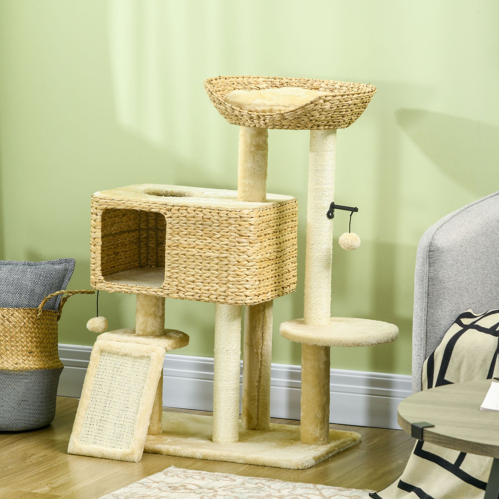 95cm Cat Tree Tower W/ Scratching Post, Cat House, Ball, Platform - Beige