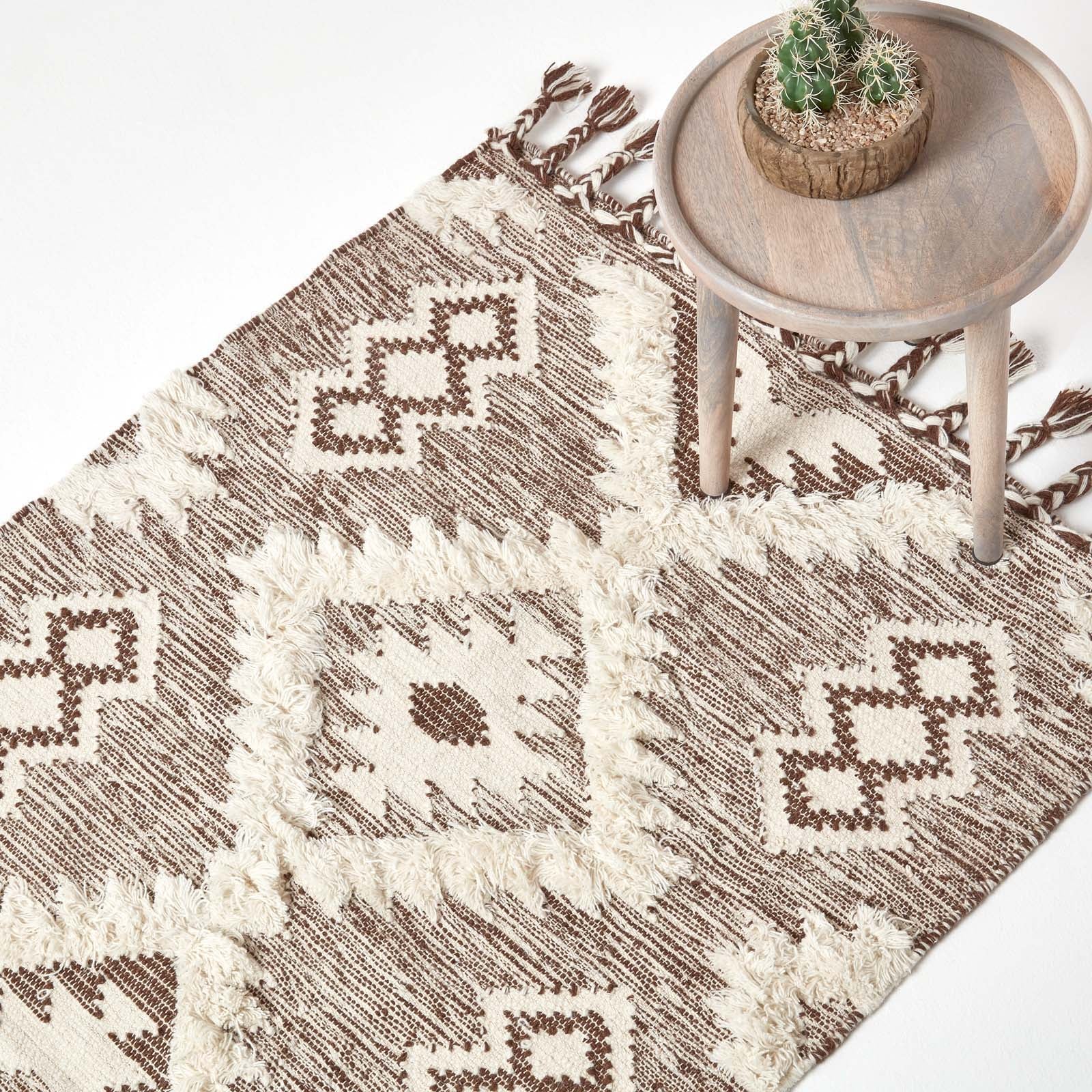 Lhasa Handwoven Brown And Cream Diamond  Kilim Wool Rug | 120cm x 180cm | Cream & Brown