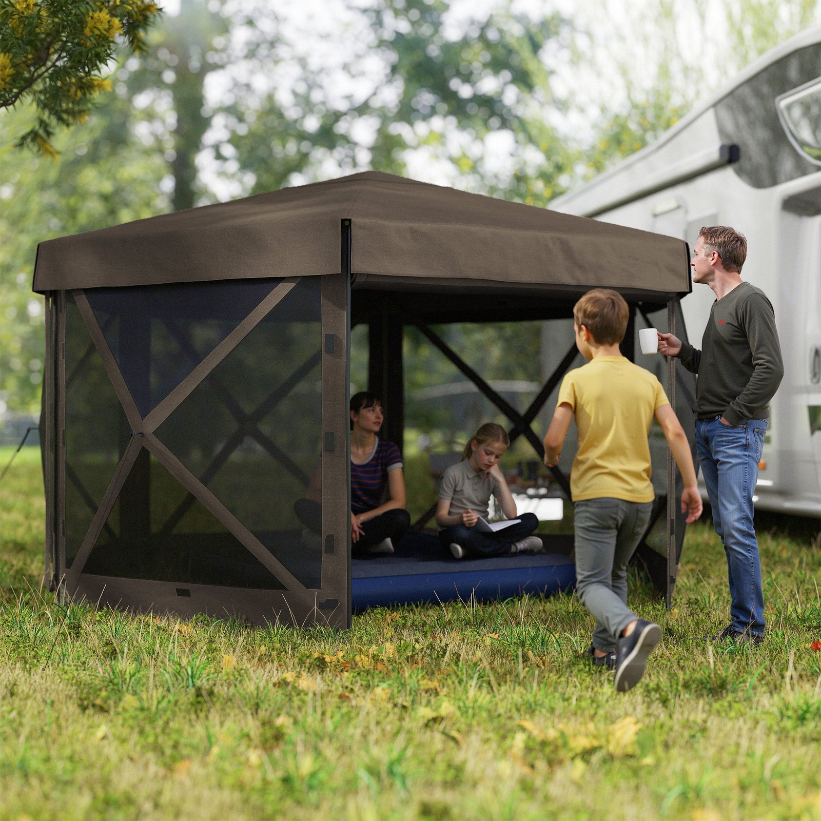 3 X 3(m) Hexagon Pop Up Gazebo With 5 Sides, Netting | Brown