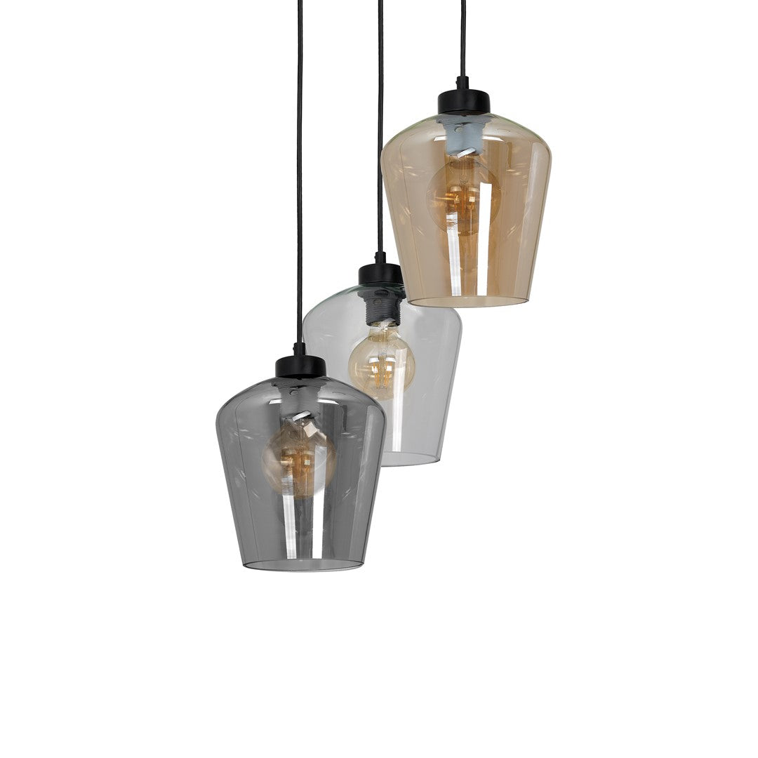 Santiago Triple Black Pendant Lamp E27 Hand Made With Elegant Glassshades In Delicate Amber Cool Smoked Grey And Clear