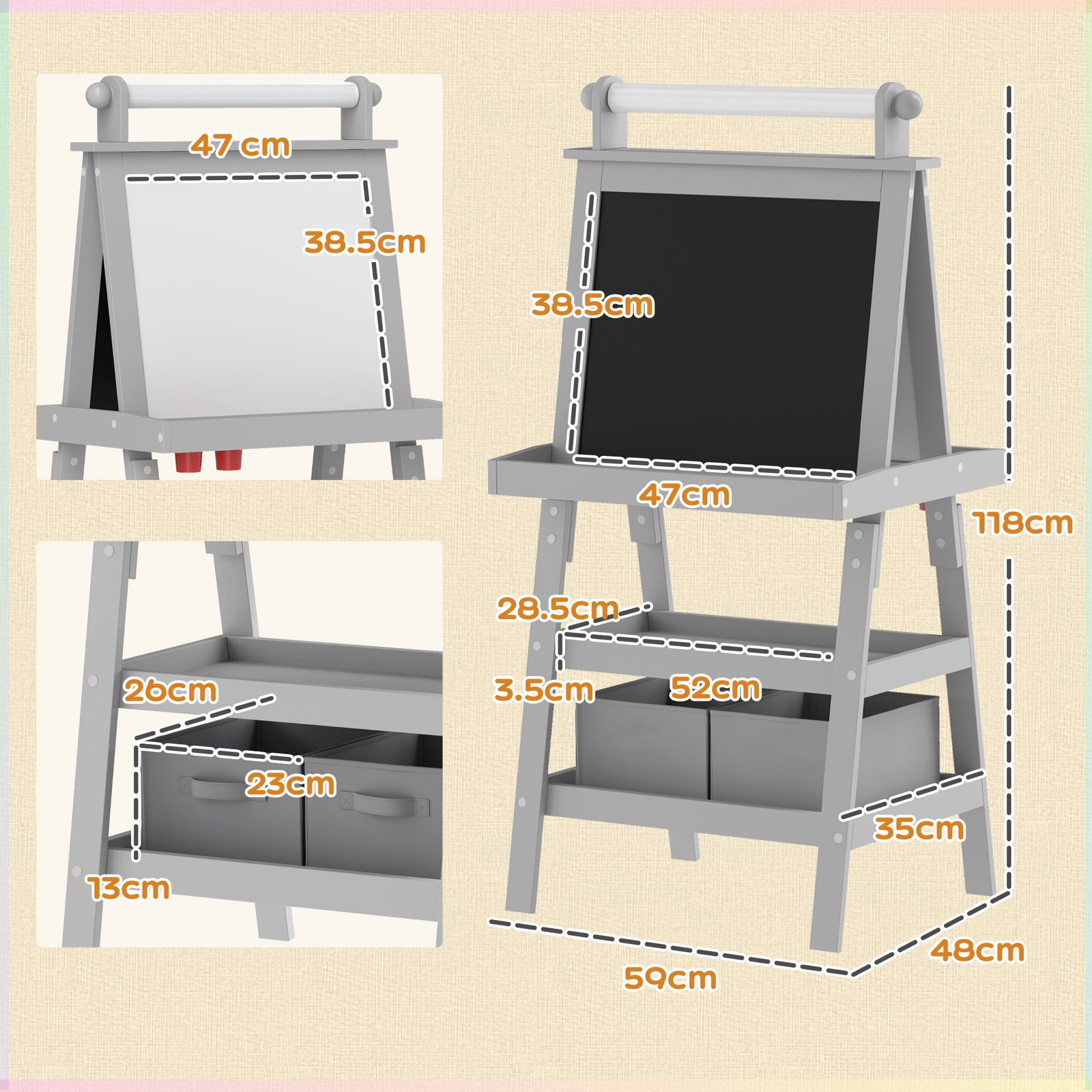 Double-sided Art Easel For Kids W/ Paper Roll, Storage Baskets | Grey