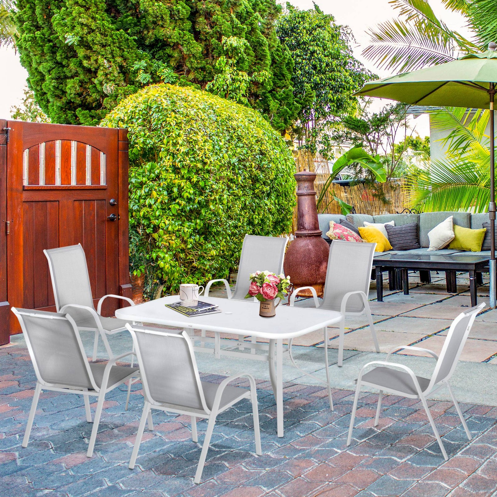 7 Piece Garden Dining Set, Table And Chairs, Grey